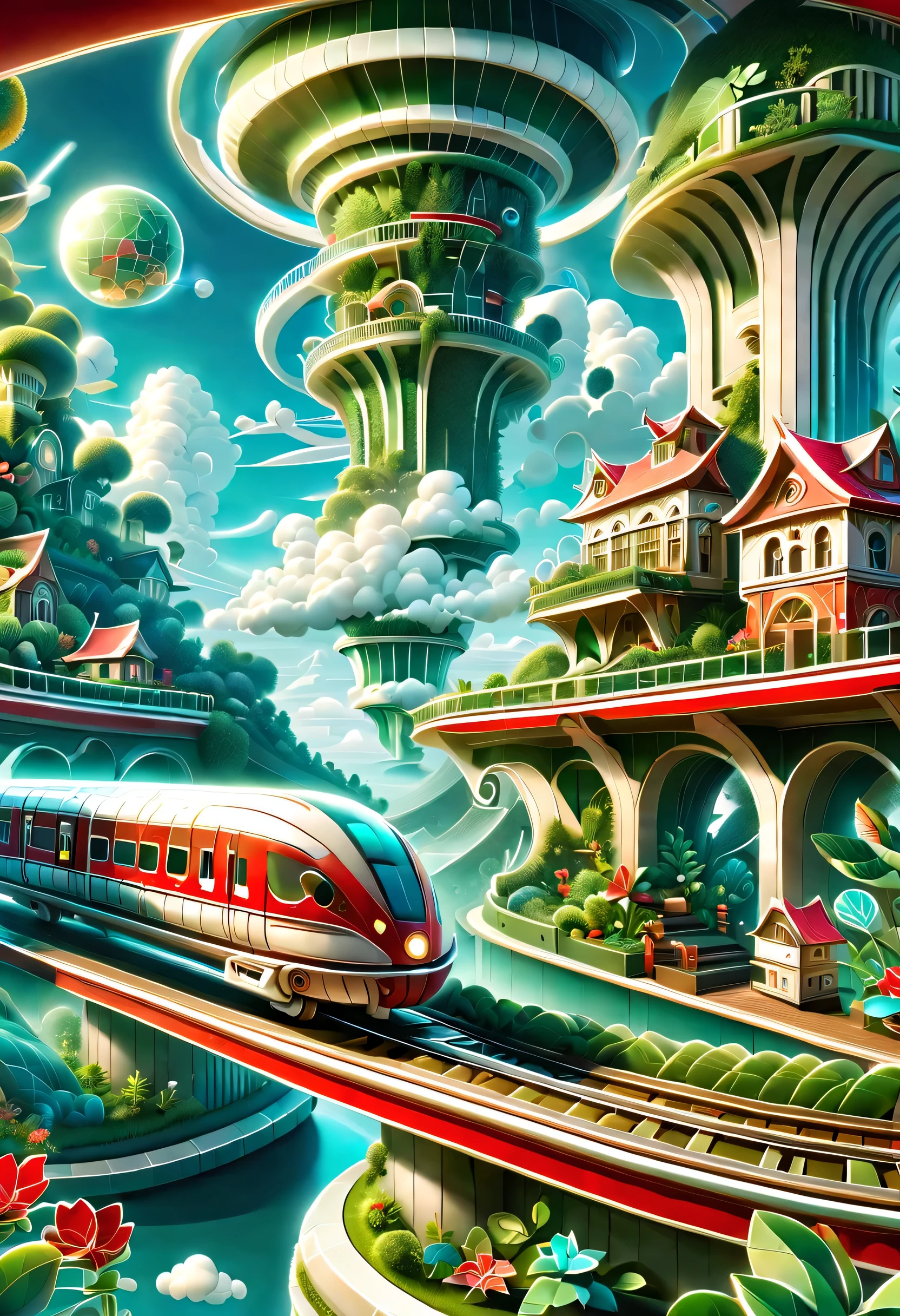 digital illustration，flat style，flat，3d，platform，magical station。The train arrives，platform，ancient building，curved track，Extra long red train station，train circling in the sky：1.37，By the train：1.37，Air orbit，cute elf，transparent train，A train full of plants，high-end，advanced，Clean，neat，