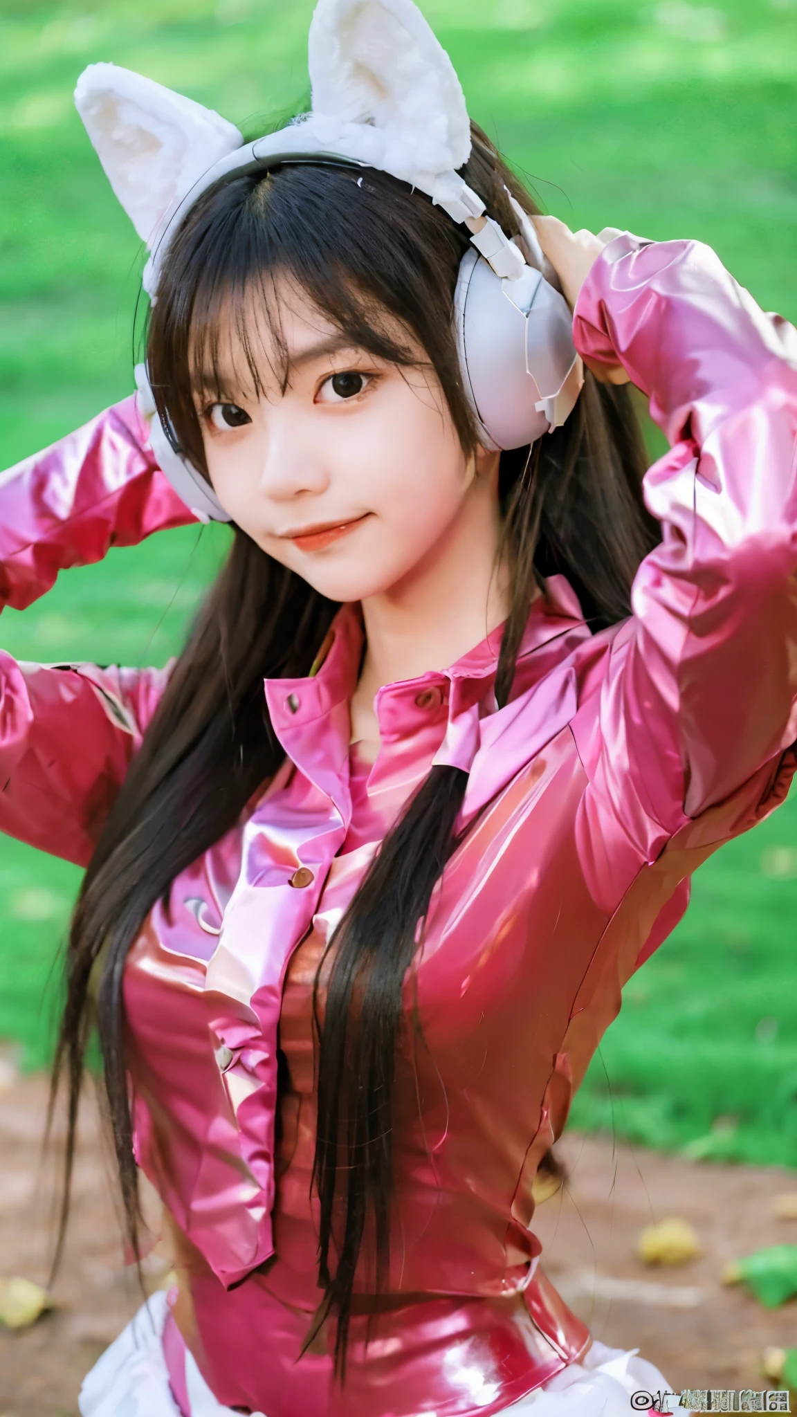 (RAW photo, best quality, masterpiece:1.2), (realistic, photo-realistic:1.4),(masterpiece:1.4),(best quality:1.4),1girl, solo, :d, animal ear headphones, animal ears, arms up, bangs, blush, bodysuit, breasts, bunny pose, clothes writing, covered navel, cowboy shot, cropped jacket, fake animal ears, gloves, outdoor,morning,snow, hair intakes, headphones, impossible bodysuit, impossible clothes, jacket, large breasts, latex, latex bodysuit, long hair, long sleeves, looking at viewer, large breasts, multicolored gloves, open mouth, pink bodysuit, pink eyes, red eyes, red jacket, shiny clothes, shrug \(clothing\), sidelocks, skin tight, smile, thigh gap, thighs, twintails, very long hair, white gloves, white hair,alice \(nikke\),(shiny skin),realistic,