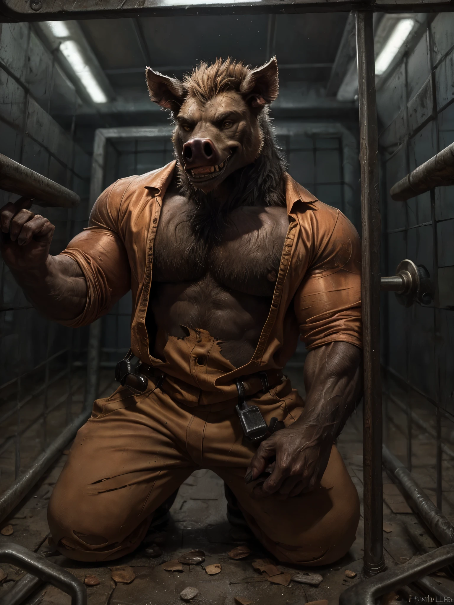 Prison setting, prison cell, boar, orange clothing, prison jumpsuit, flex, muscular, barazoku, evil grin, torn clothing,
BREAK,
(detailed background:1.2),high detail, film photography, RAW candid cinema, realistic, analog style, best quality, ultra realistic, 8k, (by taran fiddler),
