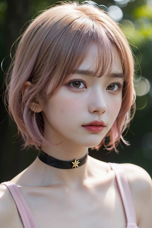 (bob cut hair, pink hair:1.2),(Put on a choker:1.2),1 girl,Japanese,21 years old,(small breasts:1.3),(highest quality,masterpiece:1.3,超A high resolution,),(super detailed,caustics),(Photoreal:1.4,RAW shooting,)ultra-realistic capture,very detailed,High resolution 16K human skin close-up。 natural skin texture、,The pores are、、Must be detailed enough to be easily identified。 Skin should look even-toned and healthy。 Use natural light and color, sad expression, look at the camera, perfect dynamic composition, outdoors