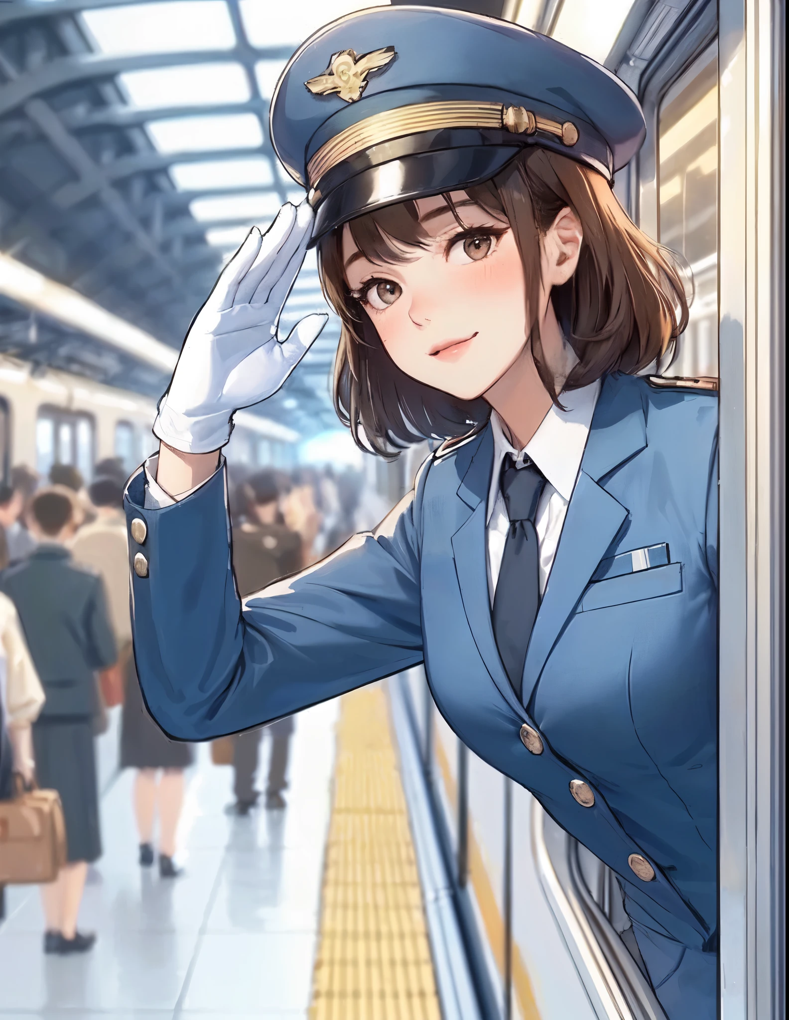 1lady solo, standing, (in train:1:1), (sticking upper body out of window:1.1), (saluting toward viewers:1.2), (conductor) (calm blue uniform) hat, mature female, /(brown hair/) bangs, blush light smile, (masterpiece best quality:1.2) delicate illustration ultra-detailed, large breasts, white glove BREAK (train station platform:1.2), (stopped train), roof, crowded, noon, detailed background