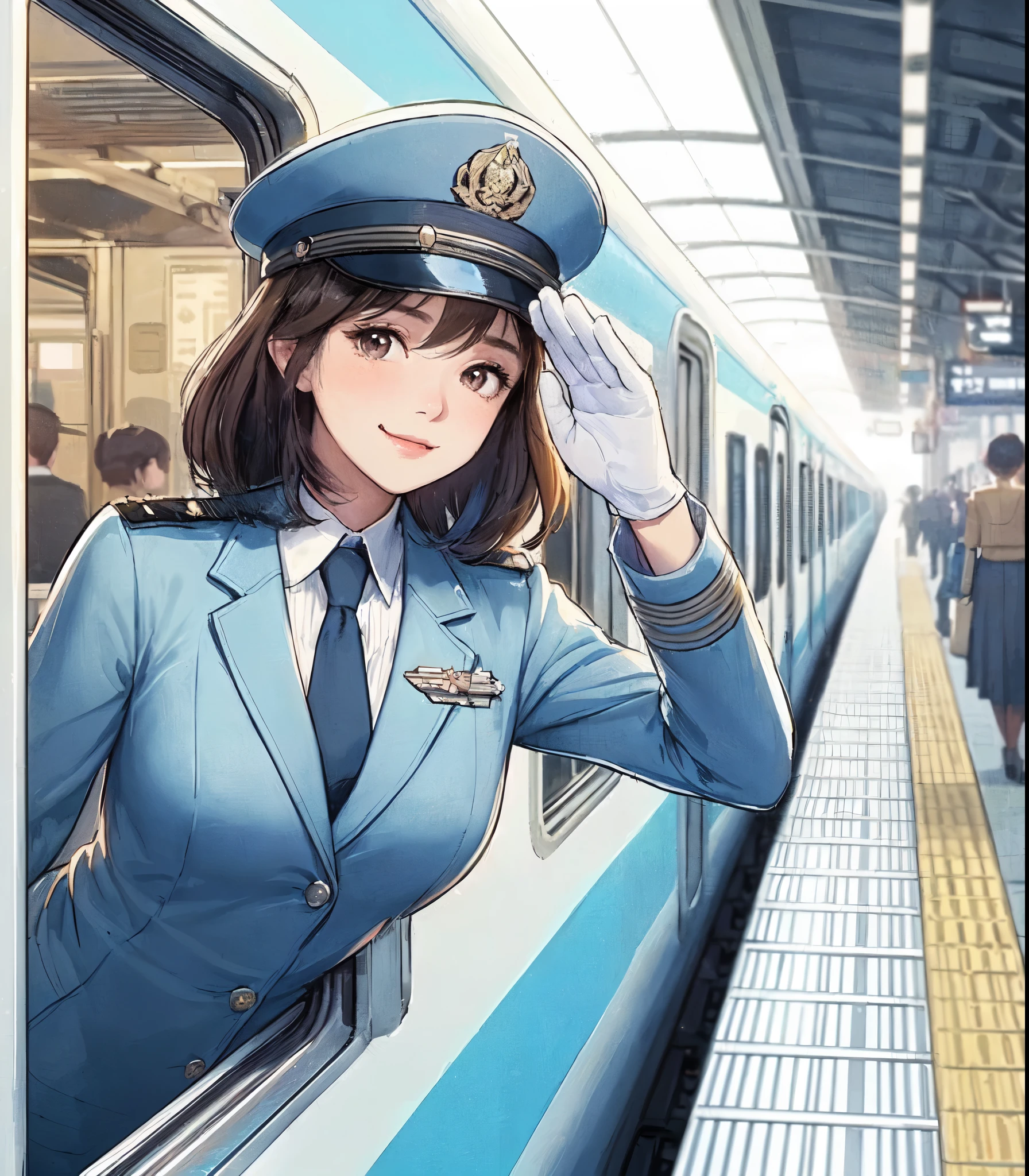 1lady solo, standing, (in train:1:1), (sticking upper body out of window:1.1), (saluting toward viewers:1.2), (conductor) (calm blue uniform) hat, mature female, /(brown hair/) bangs, blush light smile, (masterpiece best quality:1.2) delicate illustration ultra-detailed, large breasts, white glove BREAK (train station platform:1.2), (stopped train), roof, crowded, noon, detailed background