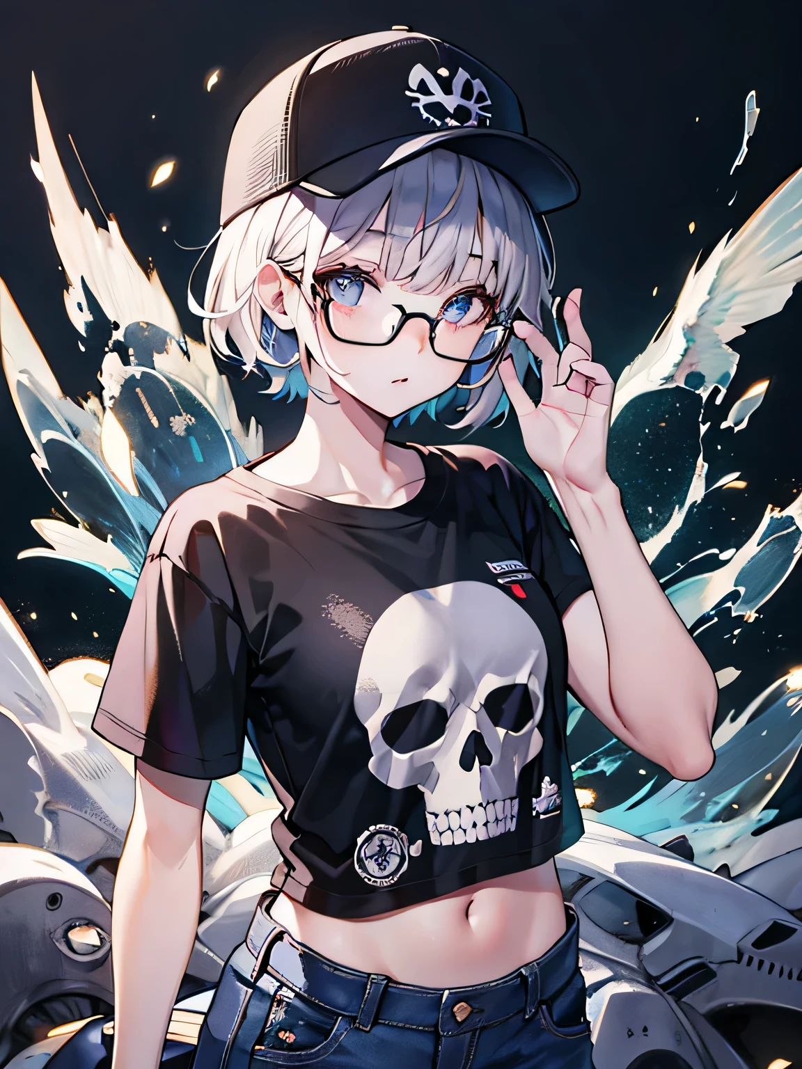 cute t-shirt designs, The strongest beautiful girl of all time, beloved character, stylish glasses, baseball cap, highest quality, short hair, dynamic pose, HDR, Detailed details, skull fashion, detailed clothing texture