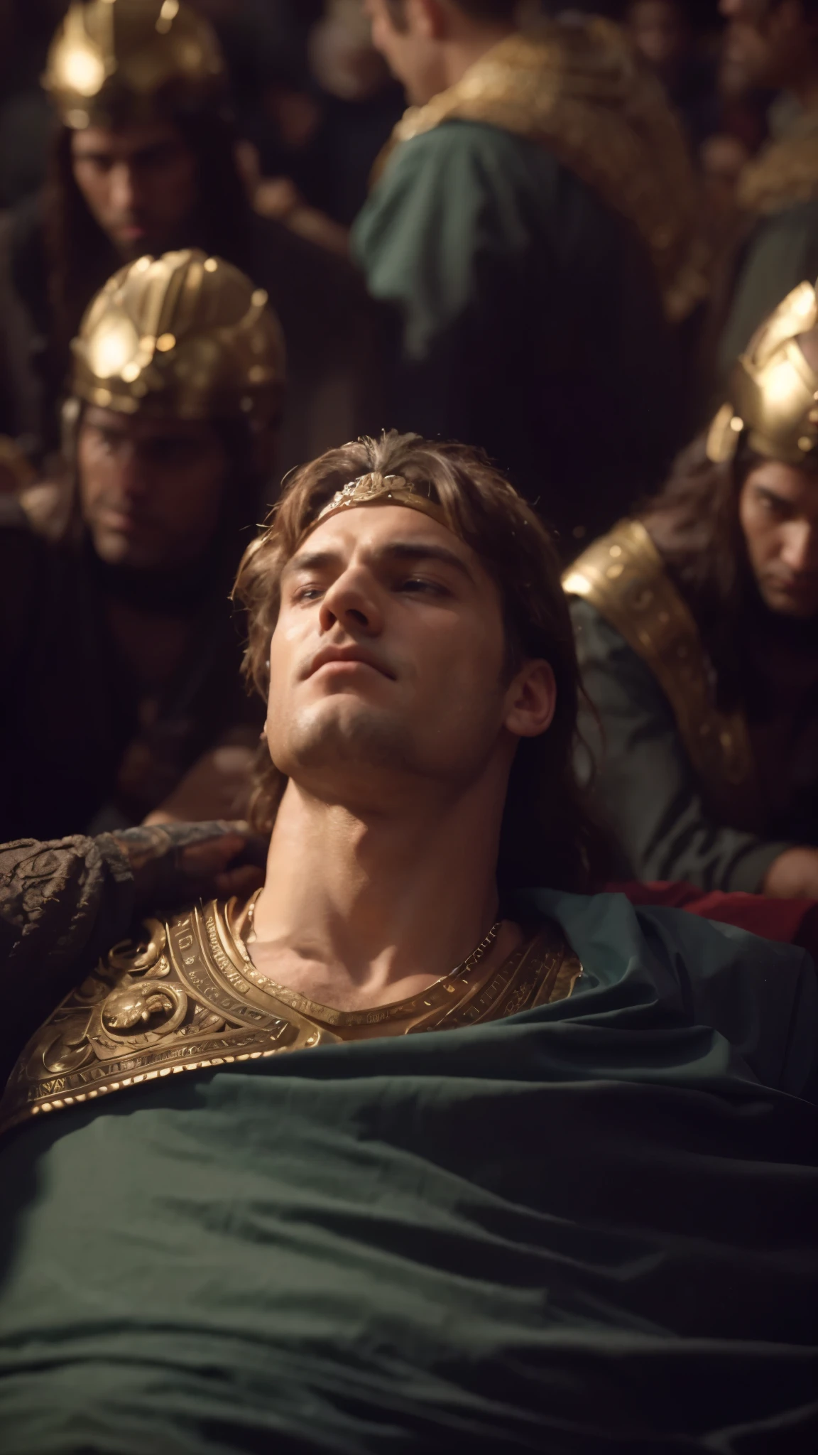 Alexander the Great, down in front of a crowd of people, attractive beefy male with armor, music video, colourised, peaceful face, wearing a crown and suit, inspired by the Brothers Hildebrandt, american gods, stoic facial expression, ancient world, favorite scene, subtitles, imperial and elegant hair style, giga chad crying, dad, coliseum