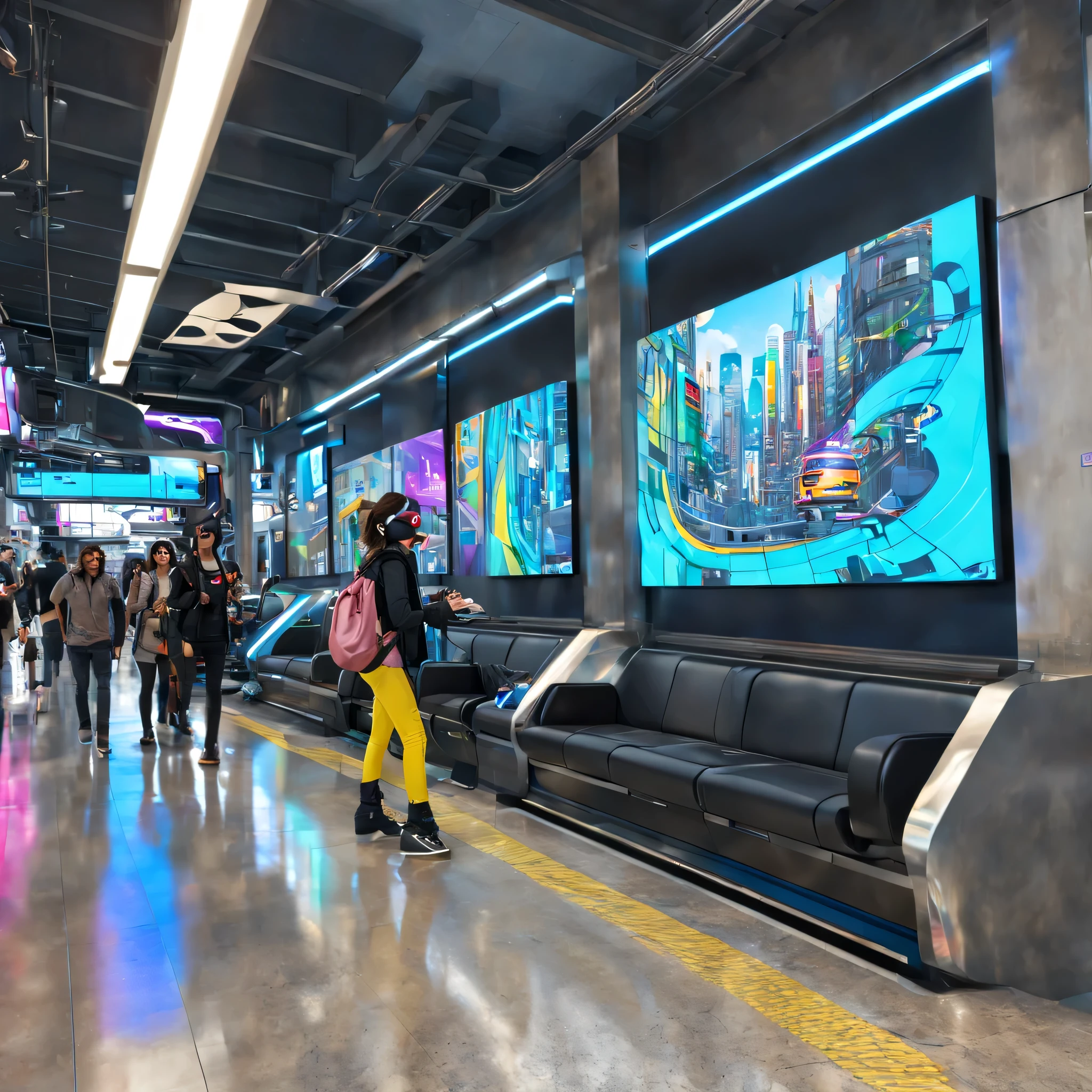 (best quality,4k,8k,highres,masterpiece:1.2),ultra-detailed,(realistic,photorealistic,photo-realistic:1.37), neon-lit, (futuristic, hi-tech:1.1), (cyberpunk) Train Station, bustling and lively, crowded with people, (busy, chaotic, energetic, vibrant:1.1) atmosphere. 

The station is filled with modern amenities and luxurious comforts, (sleek, polished, sleek:1.1) platforms, (high-speed, high-tech:1.1) trains waiting to depart. The architecture is a blend of (ultra-modern, futuristic:1.1) design elements and (industrial, rugged:0.9) materials, featuring (glass panels, metal frames, concrete pillars:1.1) that reach towards the sky. 

The main entrance is adorned with towering (holographic, digital:1.1) billboards displaying advertisements and futuristic art exhibitions. Inside, (glimmering, holographic:1.1) signs direct passengers to different platforms and facilities. 

The interior is lined with shops and stalls, offering a variety of (gourmet, artisan:1.1) food, (fashionable, trendy:1.1) clothing, and (cutting-edge, advanced:1.1) technology. The air is filled with the aroma of (exotic, aromatic:1.1) street food, blending with the sound of (chattering, excited:1.1) voices and the hum of (electronic, futuristic:1.1) music. 

Passengers can relax in (comfortable, plush:1.1) seating areas, equipped with (state-of-the-art, high-end:1.1) entertainment systems and (virtual reality, immersive:1.1) experiences. The walls are adorned with interactive (digital art, mesmerizing displays:1.1), showcasing stunning (cyberpunk, futuristic:1.1) visuals and (explosive, vibrant:1.1) colors. 

The station also houses (virtual reality, augmented reality:1.1) arcades, where people can enjoy thrilling (immersive, adrenaline-pumping:1.1) gaming experiences. There are (cosplay, futuristic:1.1) shops, allowing visitors to transform themselves into futuristic characters, complete with (glowing, neon:1.1) outfits and (cybernetic, robotic:1.1) enhancements. 

The train platforms are illuminated by (striking, neon:1.1) lights, casting vibrant colors on the waiting passengers. High-speed trains arrive and depart in a spectacle of (speed, power:1.1), their sleek designs reflecting the advanced technology of the (cyberpunk) world. 

As night falls, the station transforms into a (luminous, vibrant:1.1) beacon of (cyberpunk) energy, with the neon lights illuminating the surrounding area. The city skyline in the distance is a dramatic backdrop, filled with towering (skyscrapers, holographic buildings:1.1) and (futuristic, flying:1.1) vehicles. 

In this (cyberpunk) train station, the convergence of technology and art creates an immersive and captivating experience for all who visit, offering a glimpse into a (dystopian, futuristic:1.1) world where possibilities are endless.