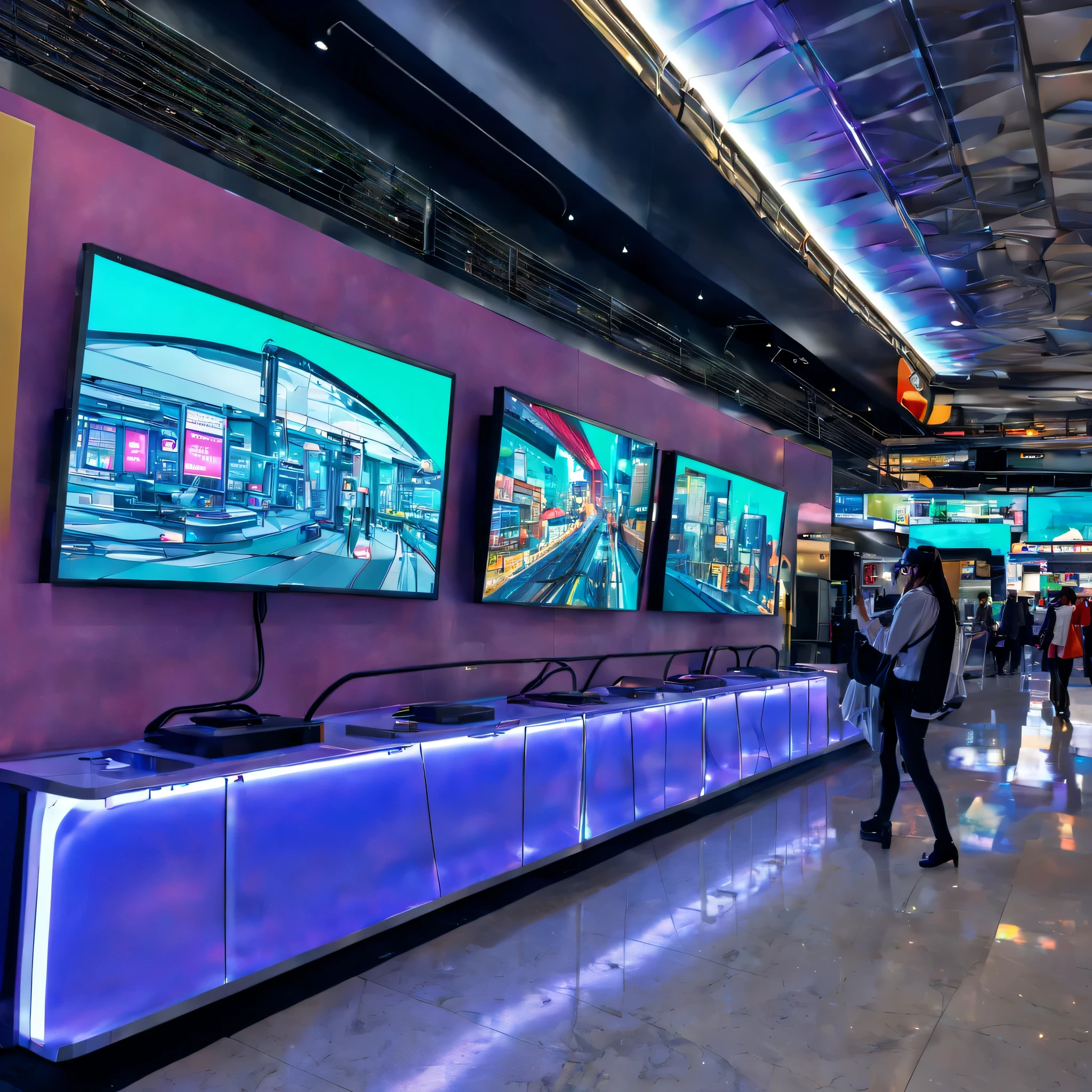(best quality,4k,8k,highres,masterpiece:1.2),ultra-detailed,(realistic,photorealistic,photo-realistic:1.37), neon-lit, (futuristic, hi-tech:1.1), (cyberpunk) Train Station, bustling and lively, crowded with people, (busy, chaotic, energetic, vibrant:1.1) atmosphere. 

The station is filled with modern amenities and luxurious comforts, (sleek, polished, sleek:1.1) platforms, (high-speed, high-tech:1.1) trains waiting to depart. The architecture is a blend of (ultra-modern, futuristic:1.1) design elements and (industrial, rugged:0.9) materials, featuring (glass panels, metal frames, concrete pillars:1.1) that reach towards the sky. 

The main entrance is adorned with towering (holographic, digital:1.1) billboards displaying advertisements and futuristic art exhibitions. Inside, (glimmering, holographic:1.1) signs direct passengers to different platforms and facilities. 

The interior is lined with shops and stalls, offering a variety of (gourmet, artisan:1.1) food, (fashionable, trendy:1.1) clothing, and (cutting-edge, advanced:1.1) technology. The air is filled with the aroma of (exotic, aromatic:1.1) street food, blending with the sound of (chattering, excited:1.1) voices and the hum of (electronic, futuristic:1.1) music. 

Passengers can relax in (comfortable, plush:1.1) seating areas, equipped with (state-of-the-art, high-end:1.1) entertainment systems and (virtual reality, immersive:1.1) experiences. The walls are adorned with interactive (digital art, mesmerizing displays:1.1), showcasing stunning (cyberpunk, futuristic:1.1) visuals and (explosive, vibrant:1.1) colors. 

The station also houses (virtual reality, augmented reality:1.1) arcades, where people can enjoy thrilling (immersive, adrenaline-pumping:1.1) gaming experiences. There are (cosplay, futuristic:1.1) shops, allowing visitors to transform themselves into futuristic characters, complete with (glowing, neon:1.1) outfits and (cybernetic, robotic:1.1) enhancements. 

The train platforms are illuminated by (striking, neon:1.1) lights, casting vibrant colors on the waiting passengers. High-speed trains arrive and depart in a spectacle of (speed, power:1.1), their sleek designs reflecting the advanced technology of the (cyberpunk) world. 

As night falls, the station transforms into a (luminous, vibrant:1.1) beacon of (cyberpunk) energy, with the neon lights illuminating the surrounding area. The city skyline in the distance is a dramatic backdrop, filled with towering (skyscrapers, holographic buildings:1.1) and (futuristic, flying:1.1) vehicles. 

In this (cyberpunk) train station, the convergence of technology and art creates an immersive and captivating experience for all who visit, offering a glimpse into a (dystopian, futuristic:1.1) world where possibilities are endless.