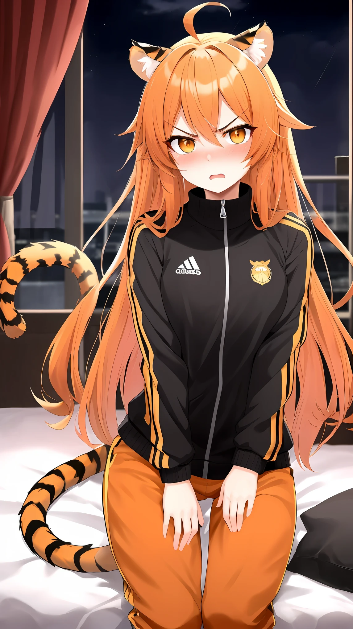 (masterpiece), best quality, expressive eyes, perfect face, details, tiger girl, tiger ears, tiger tail, long hair, bushy hair, orange hair, orange eyes, orange tracksuit, night, bedroom, angry, blush