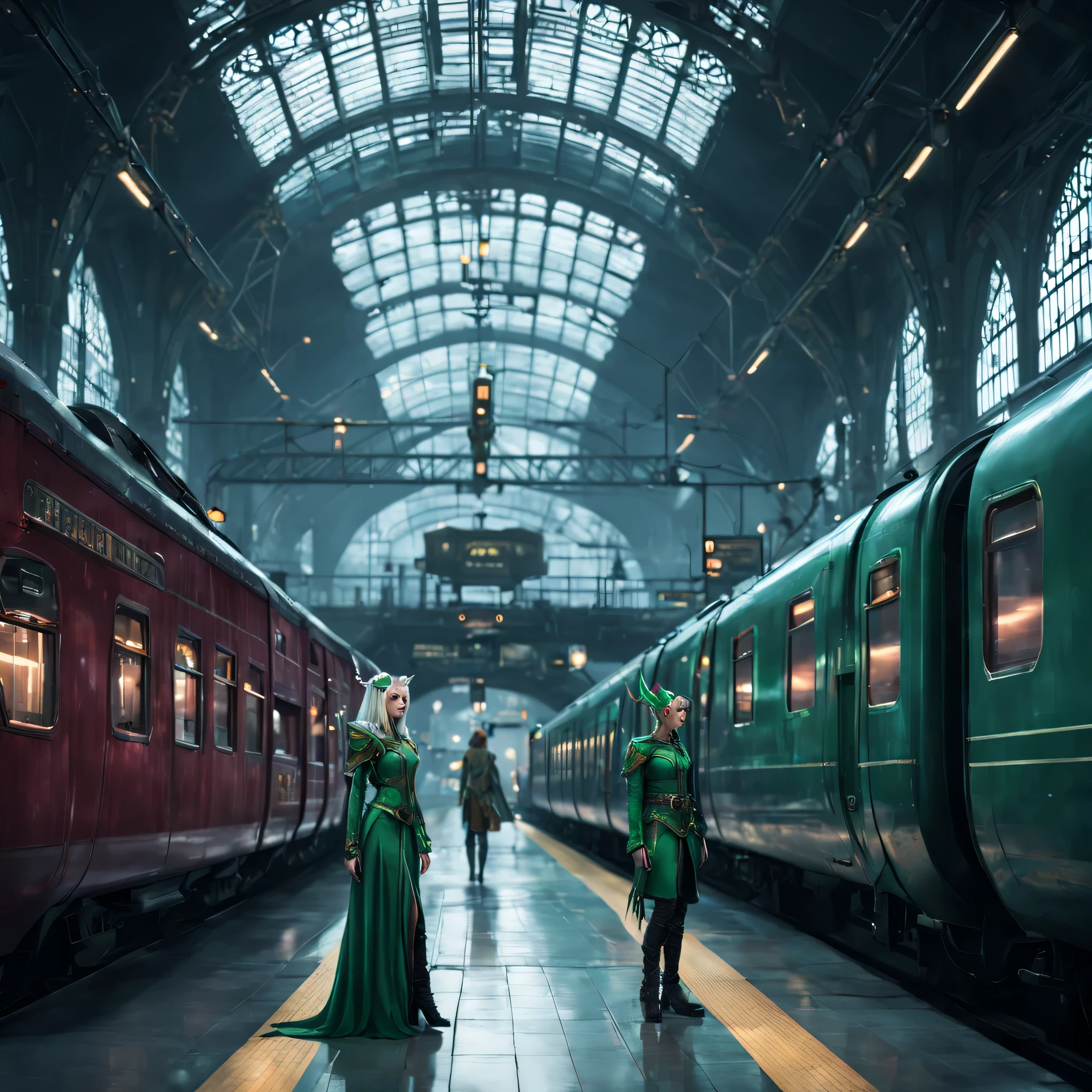 (Fantasy Elf|Cyberpunk) Elves wait at a magical train station for dragon pulled trains. The train station is very lavishly appointed