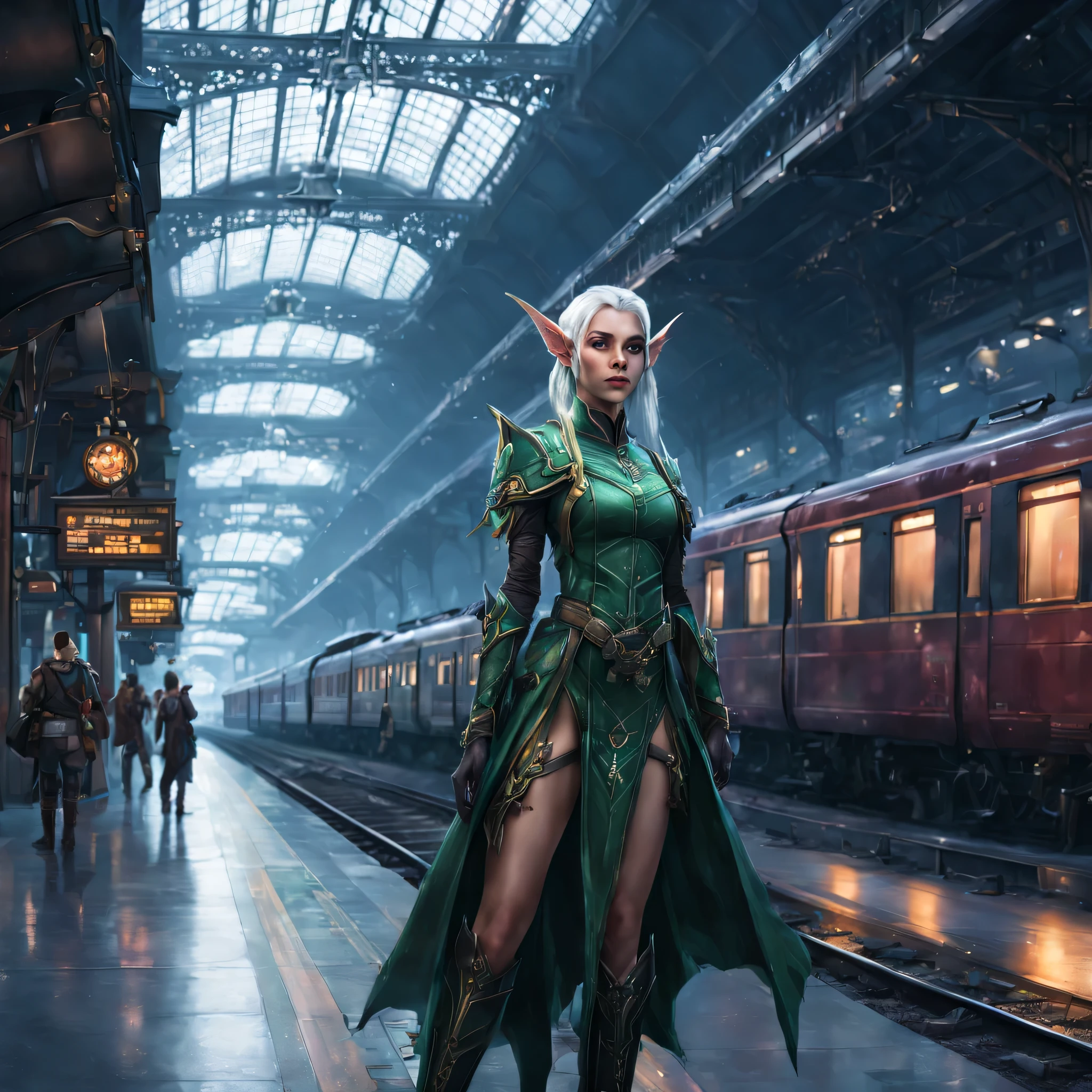(Fantasy Elf|Cyberpunk) Elves wait at a magical train station for dragon pulled trains. The train station is very lavishly appointed