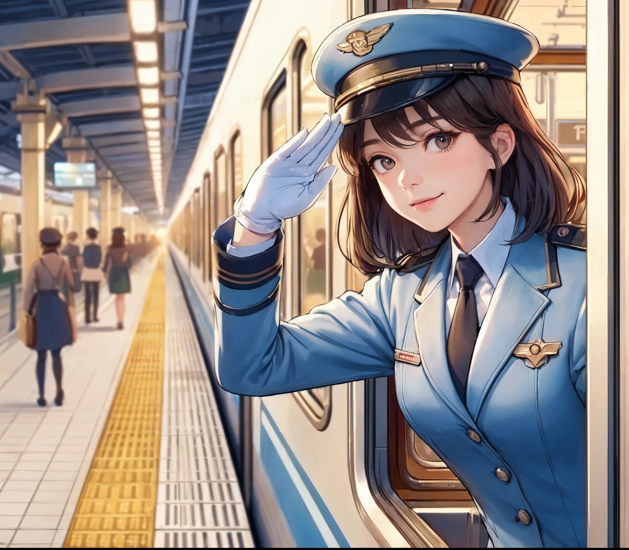 1lady solo, standing, (in train:1:1), (sticking upper body out of window:1.1), (saluting toward viewers:1.2), (conductor) (calm blue uniform) hat, mature female, /(brown hair/) bangs, blush light smile, (masterpiece best quality:1.2) delicate illustration ultra-detailed, large breasts, white glove BREAK (train station platform:1.2), (stopped train), roof, crowded, noon, detailed background