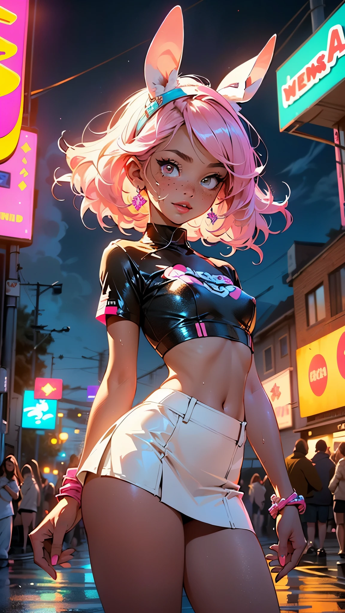 cute little bunny ,(((little ,small tiny body,, chibi))),(((6 ))),((little bunny with extremely cute and beautiful fuchsia hair)),(((bunny girl,anthro furry cute,bunny-girl))),(((bunny ears,bunny ears on head,big bunny ears))),
(((flat chest))),(((fuchsia hair:1.35,short fuchsia hair,colored inner hair,ear breathing,))),((heterochromia:1.5, (pink_eye and red_eye))),intricate eyes,beautiful detailed eyes,symmetrical eyes,big eyes:1.5,(((freckles on the face,freckles,freckled girl))),(((lustrous skin:1.5,bright skin: 1.5,skin tanned,shiny skin,very shiny skin,shiny body,plastic glitter skin,exaggerated shiny skin,illuminated skin,wet legs))),(detailed body,(detailed face)),
cute,slutty,erotic,(((nsfw))),
zettai ryouiki,revealing clothing,show skin,((rave shirt,neon colored shirt,rave mini-skirt,visible thong straps)),((underpants strap)),(wearing a rave outfit:1.3,rave clothes,semi-naked,with little clothing),((wet clothes,intricate outfit,intricate clothes)),
(dynamic pose:1.0),solo focus,embarrassed,(centered,scale to fit dimensions,Rule of thirds),
cyberpunk city by the ocean at night, with bright neon signs and dark stormy clouds and puddles, scenery:1.25,nighttime, starry night, cosmos,Very dark night that makes the neon lights stand out, very bright neon lights,nighttime, starry night, cosmos,
artistic photography,(photography taken by sldr),highres, sharp focus, (ultra detailed, extremely detailed), (photorealistic artwork:1.37),(extremely detailed CG unity 8k wallpaper),((synthwave background theme)),(((vibrant colors))),(intricate background),(masterpiece),(best quality)