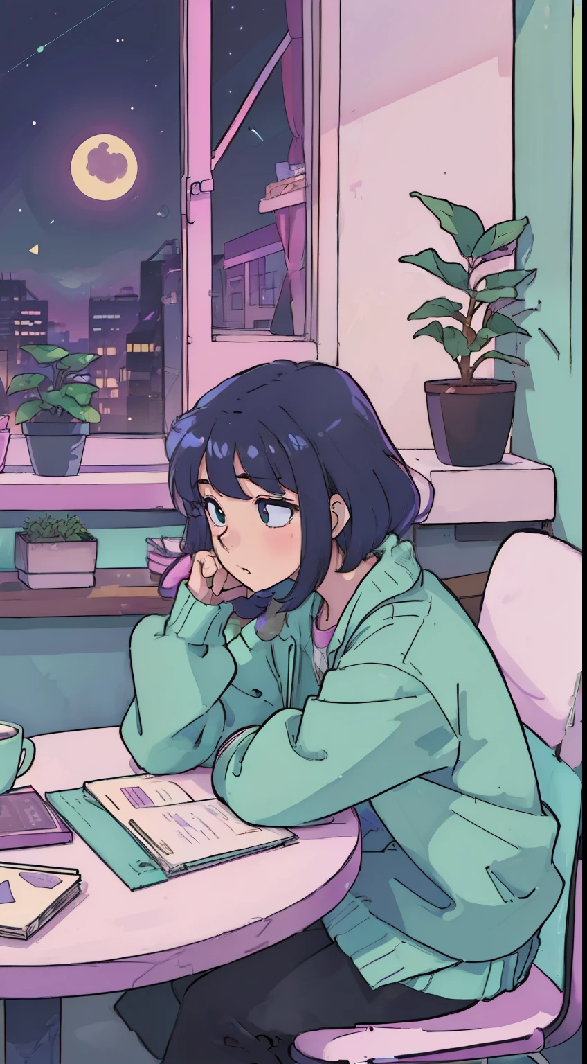 (table top:1.5, highest quality:1.5), ((vaporwave style, partially colored)),in a cozy apartment, Girl studying diligently at desk alone,dim room,stylish warm lighting, coffee on the desk,I can see the moon from the window,room decorated with plants