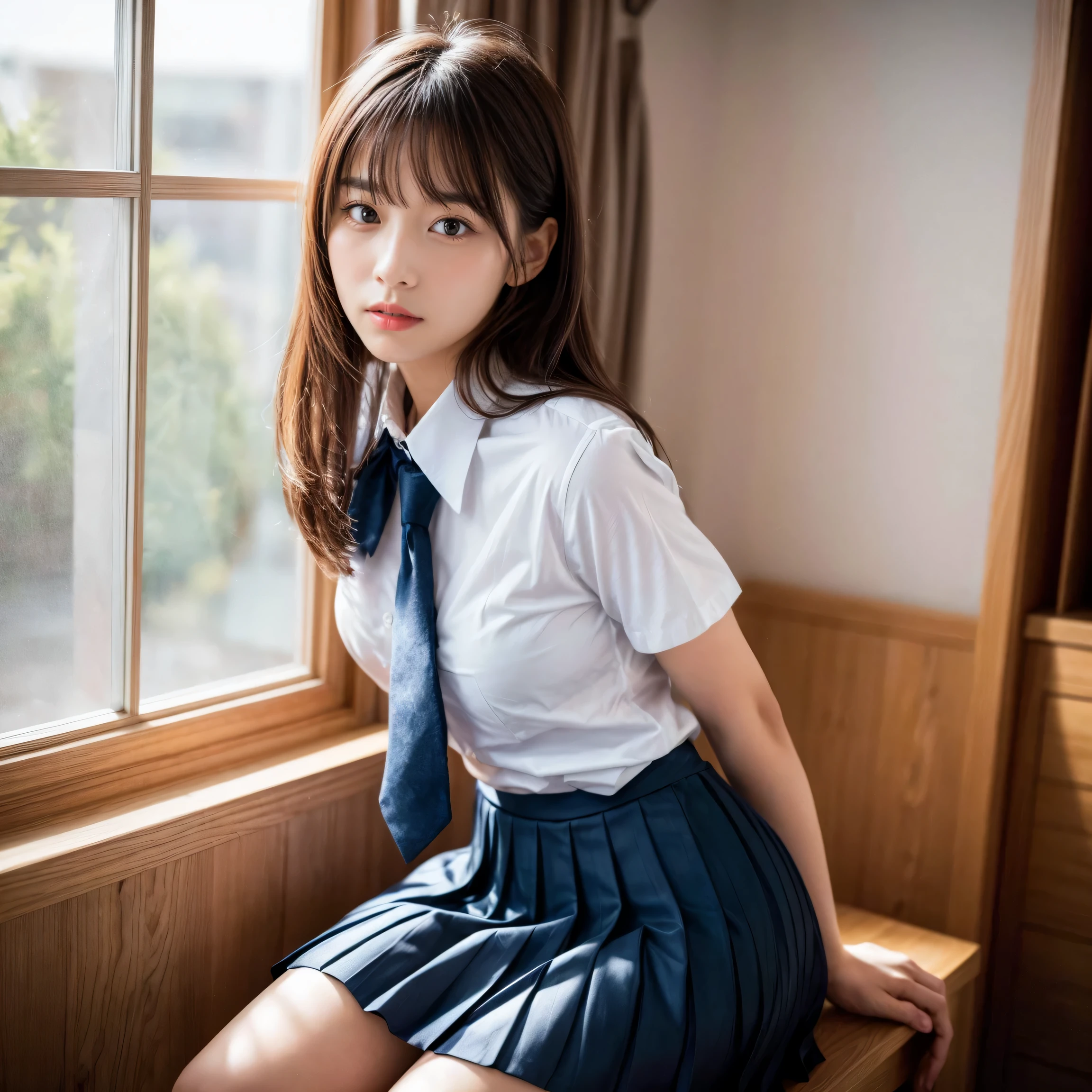 (1 girl), (sexy look:1.5), (flat chest:1.3), (very detailed目, very detailed顔), (超realistic, High resolution), (highest quality:1.4), (hyper quality), realistic skin texture, RAW photo, (realistic, Photoreal:1.37), very detailed, professional photography, (school uniform, pleated skirt:1.3), (look at me), (School, classroom), ((Meet face to face:1.4)), (from below:1.3), realistic private parts, lace panties, Japanese high school girl、超highest quality、masterpiece、超High resolution、Depth of written boundary、(Photoreal:1.4)、(award winning photos、信じられないほどのmasterpiece:1.3) 、RAW photography、golden ratio、Highly detailed CG Unity 8k wallpaper、detailed and complex、original、High resolution、RAW photo、(perfect body shape)、detailed and complex、Digital single-lens reflex camera、soft writing、(background person blur:1.1)、Sigma 85mmF/1.4、50mm Lenac lighting、nffsw、hyper real、color grade, Rear view,from below:1.3)
