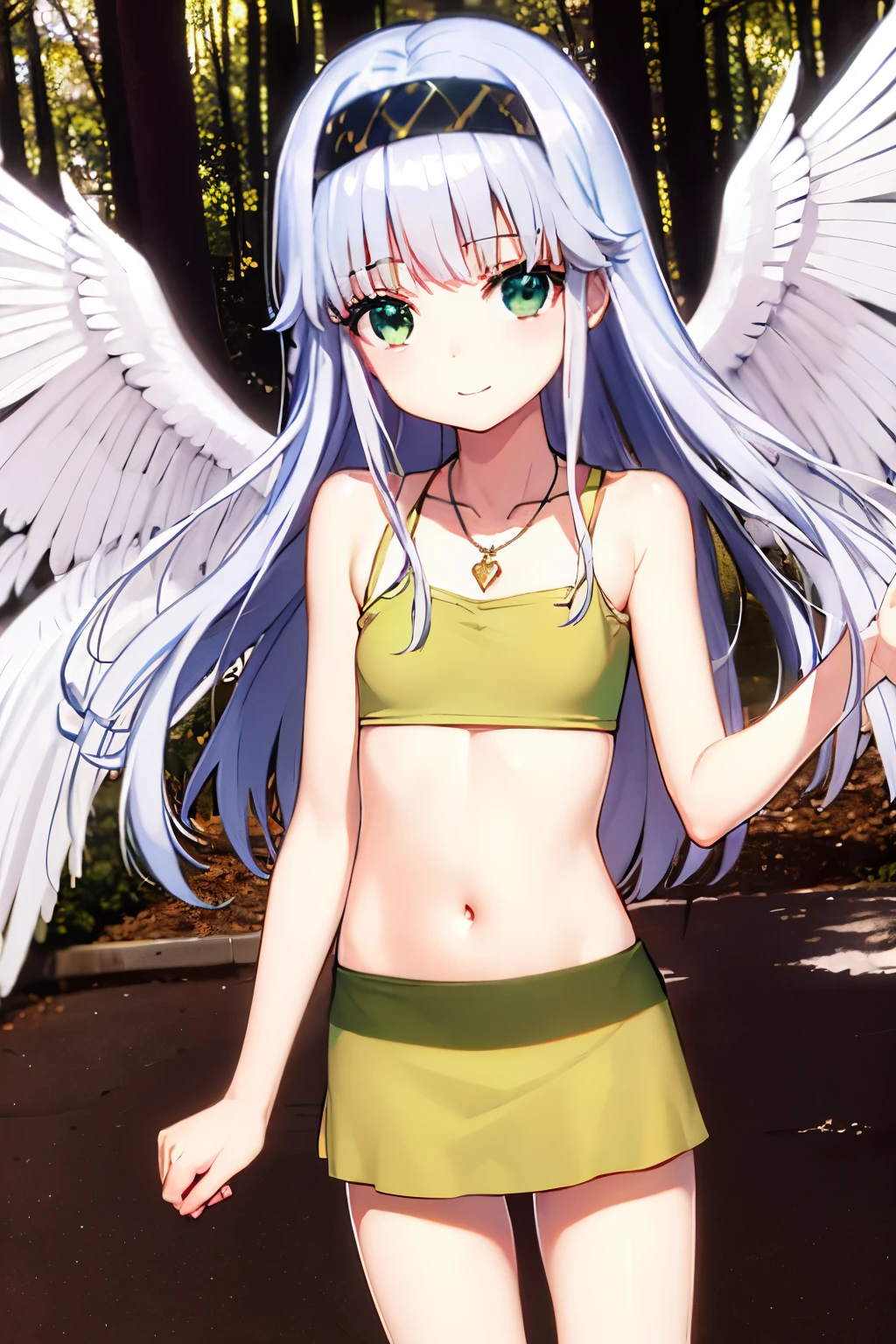 Cabello largo plateado, ojos verdes, headband, tanktop, skirt, flat breast, necklace, wings, sonrisa, happy, abdomen lindo, muslos hermosos, forest, womb tattoo