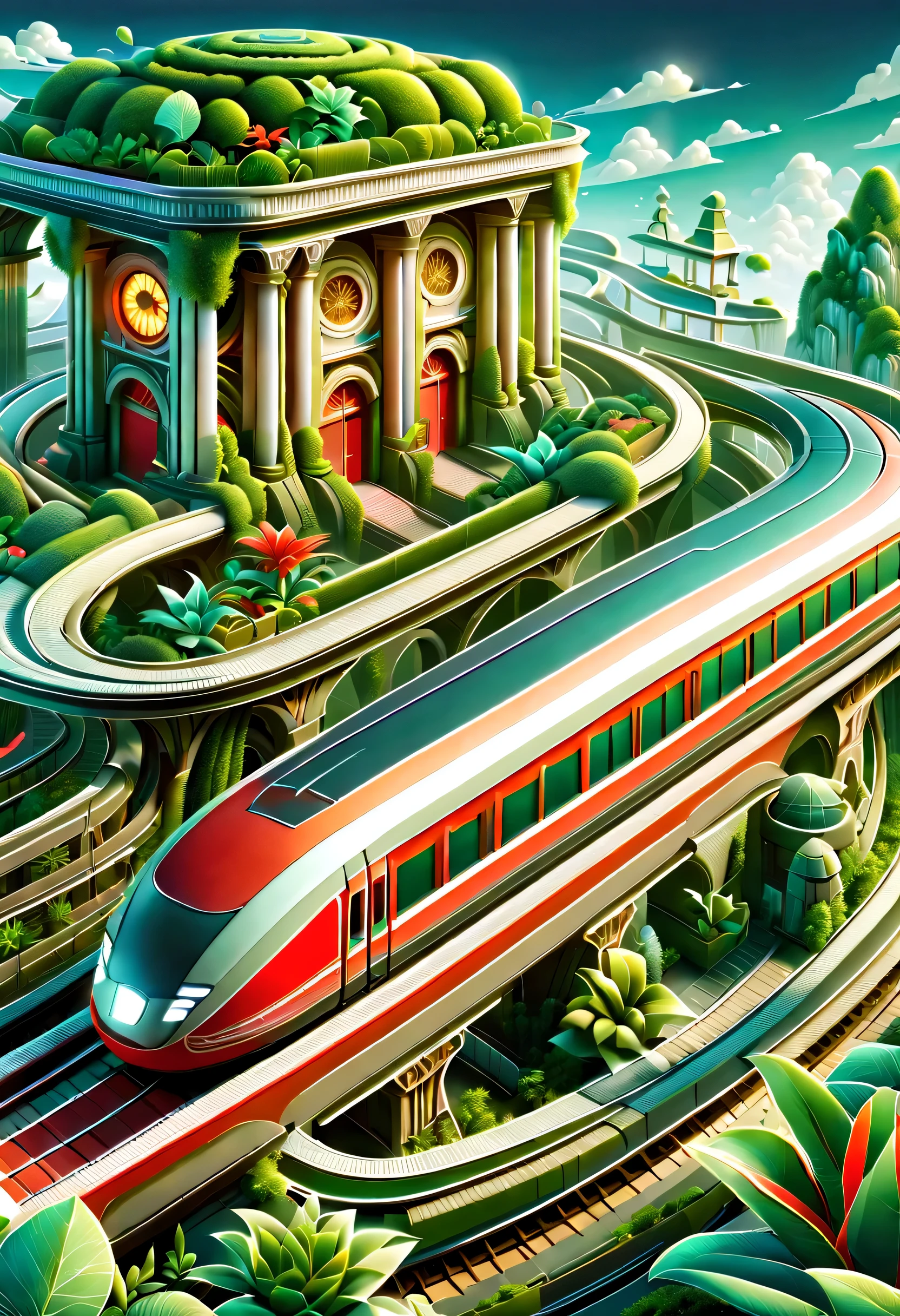 digital illustration，flat style，flat，3d，platform，magical station。The train arrives，platform，ancient building，curved track，Extra long red train station，By the train：1.37，Air orbit，transparent train，A train full of plants，high-end，advanced，Clean，neat，