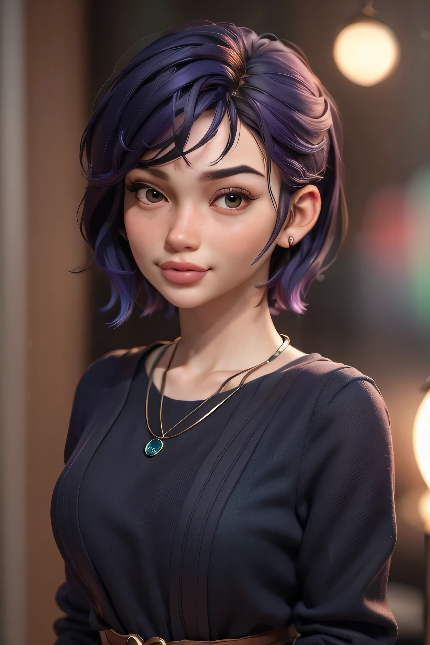 masterpiece, best quality, 3d rending work, 3DMM style, close-up, portrait, 3d, solo, purple hair, necklace, freckles, jewelry, two-tone hair, looking to the side, realistic, upper body, coffee shop and rainy outside background, bangs, looking away, ultra short hair, lips parted, brown eyes, lips, makeup, mole, suit