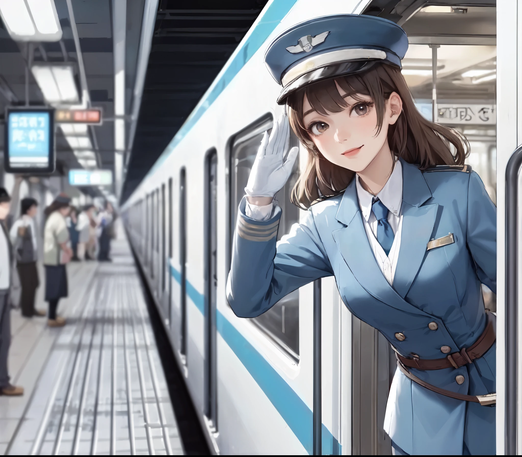 1lady solo, standing, (in train:1:1), (sticking upper body out of window:1.1), (saluting toward viewers:1.2), (conductor) (calm blue uniform) hat, mature female, /(brown hair/) bangs, blush light smile, (masterpiece best quality:1.2) delicate illustration ultra-detailed, large breasts, white glove BREAK (train station platform:1.2), (stopped train), roof, crowded, noon, detailed background