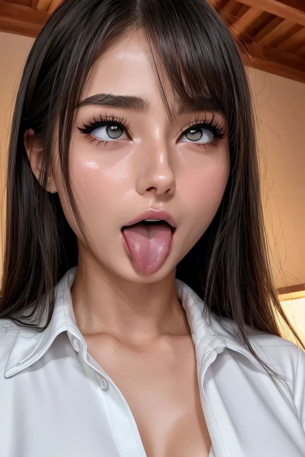 Taylor Hill,beautiful japanese woman,1 girl、Realistic and detailed eyelashes、award winning photos、very detailed、eye、nose、focus on the mouth、Close-up、focus on the face、口を開けてeyeを閉じた女性、35 years old、black hair、しわeye：1.1、symmetrical face、リアルなnose孔、from belowのアングル、細長いC字型のnose孔NSFW、sweaty skin、Lighting that emphasizes the skin that shines with sweat、((鋭いnose))Skin shiny with sweat、shiny skin、sweaty hair、上eye使い、(wrinkles between eyebrows))(cum on tongue)Lighting that does not cast shadows on your face、from below、(white collared shirt)long tongue、drooling.((Drool dripping from the tongue、saliva drips from the tongue))、(((Drool bubbles remain on the tongue、)))(((Foamy saliva collects at the bottom.)))upper body only,Ellipsoidal surface