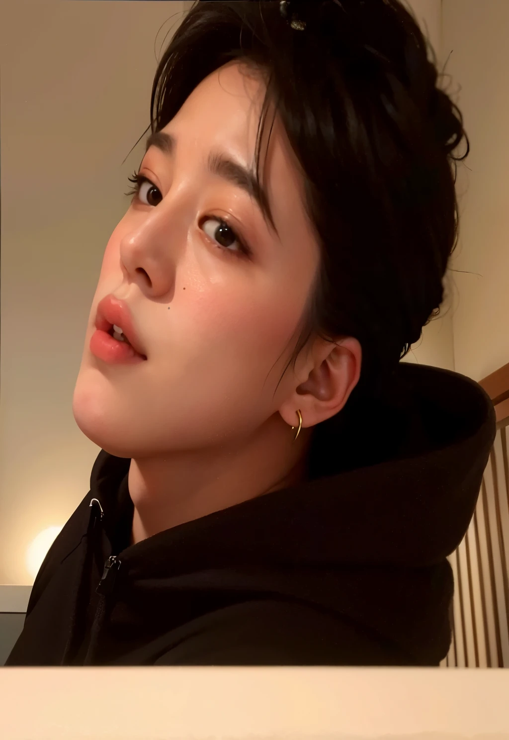 um close de uma pessoa deitada na cama com um anel no dedo, Jimin\the full lips, Jimin\the right eyelid is swollen, Jimin\o nariz grego, accurate Jimin face, park Jimin, Jimin, min ji park, adorable and pale korean face, Jimin park, Park Jimin, Jimin de cabelo preto, min ji
