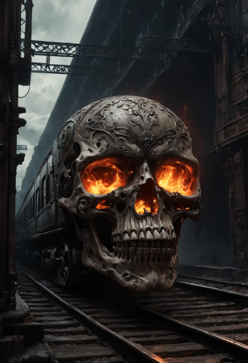 Train Station, aesthetic, HUMAN SKULL FLAMES TRAIN!!!! epic long hyperdetailed SKULL train on fire!!! EXPLOSION, HIGH FLAMeS, WRECK, hyperdetailed photorealistic matte painting 8k resolution concept art, intricate, ornate, by Mathias Kollros, Darek Zabrocki, Jean-Baptiste Monge, Ismail Inceoglu, Wadim Kashin, steampunk demonpunk, Epic cinematic brilliant stunning intricate meticulously detailed dramatic atmospheric maximalist digital matte painting, sinister by Greg Rutkowski trending on Artstation Unreal Engine 5