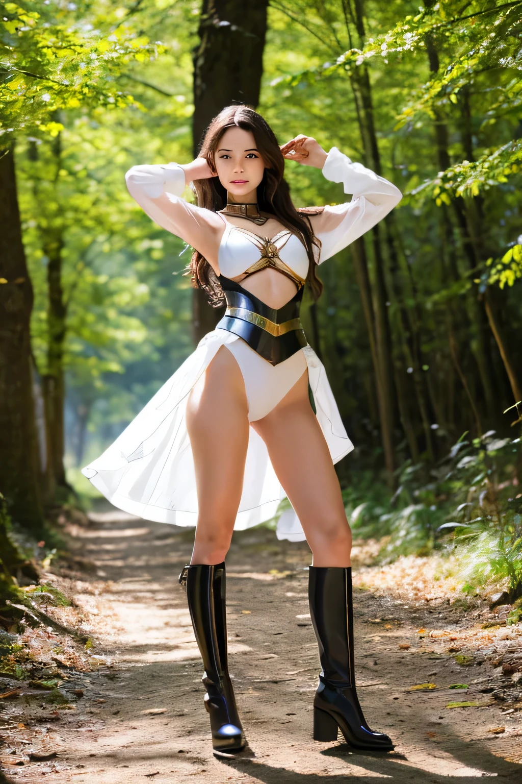 (photo realistic:1.4), (hyper realistic:1.4), (realistic:1.3),whole body, open your legs,realistic skin,medieval europe,Fight,(metal breastplate),thin,swordを持った細い女性,12 years old,sleeveless, whitened skin, in the forest,shoes,sword,girl,(legs without stockings),Lower body white swimsuit,blue eyes,lively eyes，，thin body