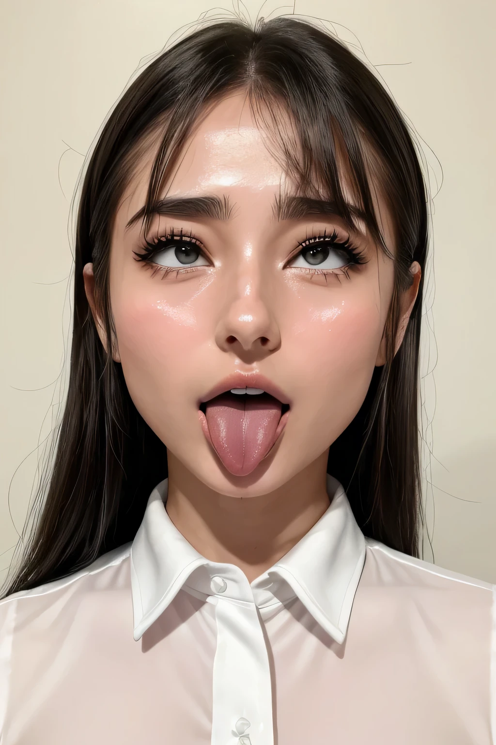 Taylor Hill,beautiful japanese woman,1 girl、Realistic and detailed eyelashes、リアルなnoseのディテールを高精細描写,　8K high definition photo,award winning photos、very detailed、eye、nose、focus on the mouth、Close-up、focus on the face、口を開けてeyeを閉じた女性、35 years old、black hair、しわeye：1.1、symmetrical face、リアルなnose孔、from belowのアングル、細長いC字型のnose孔NSFW、sweaty skin、Lighting that emphasizes the skin that shines with sweat、((鋭いnose))Skin shiny with sweat、shiny skin、sweaty hair、上eye使い、(wrinkles between eyebrows))(cum on tongue)Lighting that does not cast shadows on your face、from below、(white collared shirt)long tongue、drooling.((Drool dripping from the tongue、saliva drips from the tongue))、(((Drool bubbles remain on the tongue、)))(((Foamy saliva collects at the bottom.)))upper body only,Ellipsoidal surface