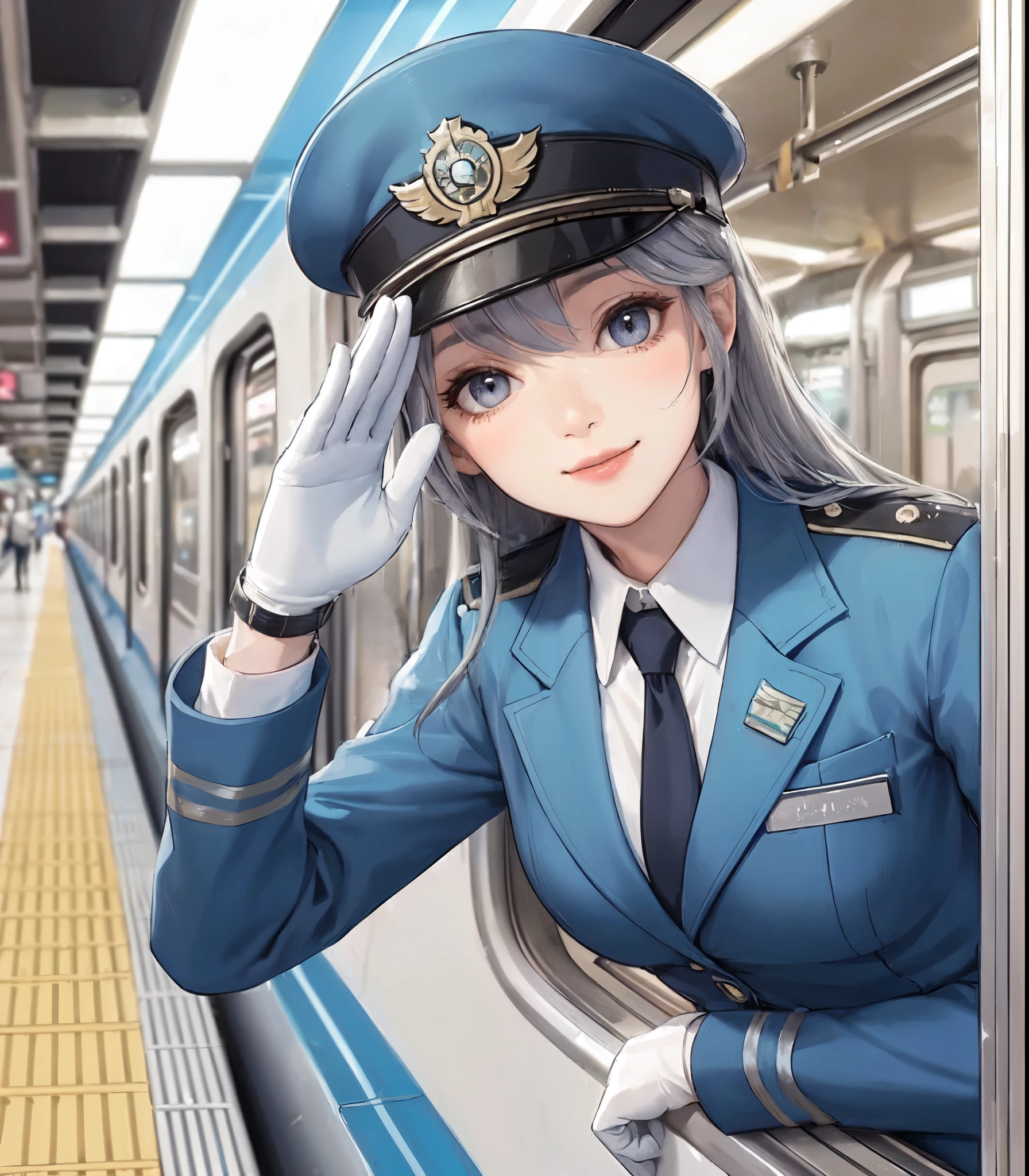 1lady solo, standing, (in train:1:1), (sticking upper body out of window:1.1), (saluting toward viewers:1.2), (conductor) (calm blue uniform) hat, mature female, /(brown hair/) bangs, blush light smile, (masterpiece best quality:1.2) delicate illustration ultra-detailed, large breasts, white glove BREAK (train station platform:1.2), (stopped train), roof, crowded, noon, detailed background