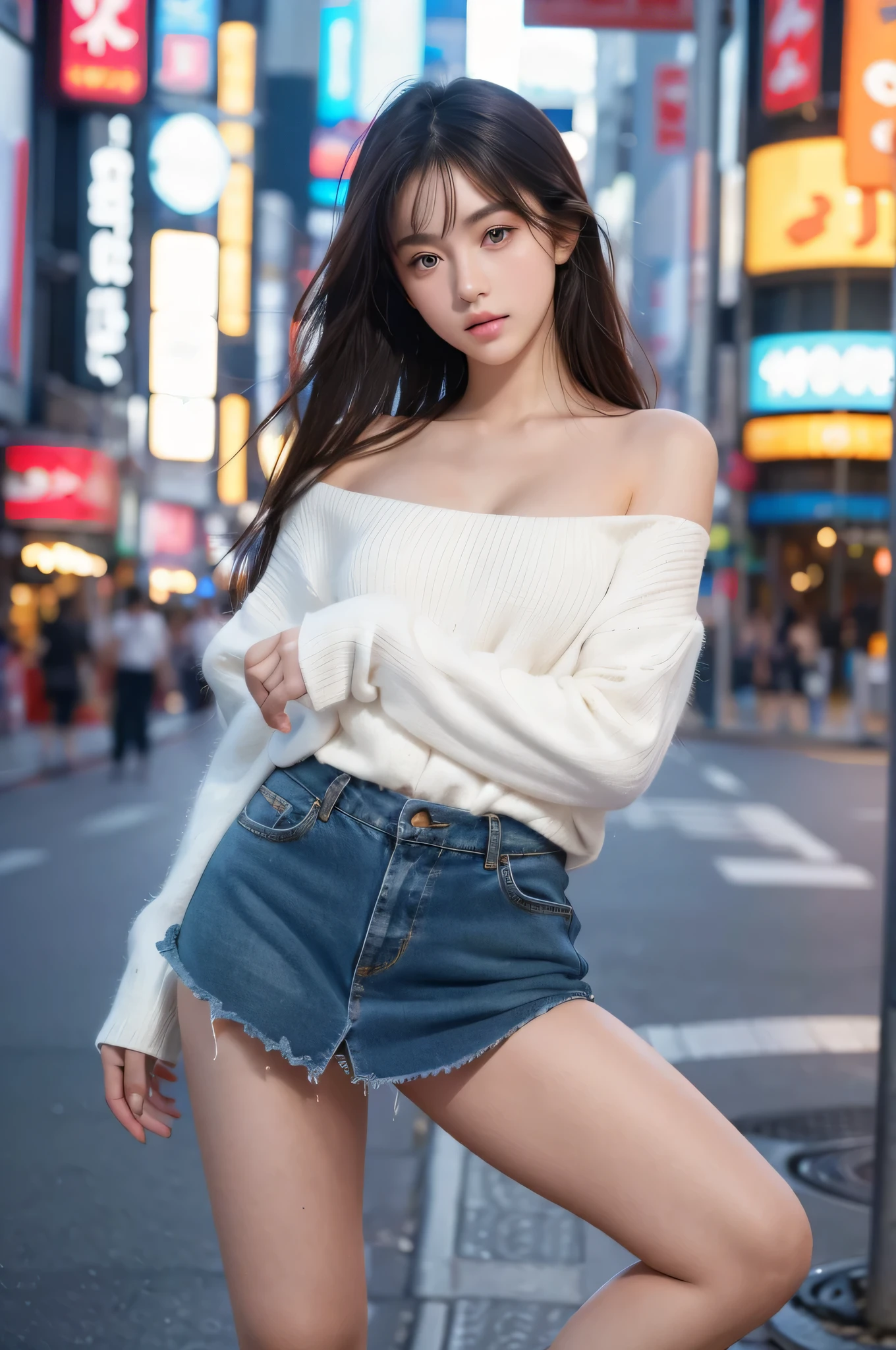 high quality, Super detailed, finely, High resolution, 8K Perfect Dynamic Composition, beautiful and detailed eyes, natural color lip, random sexy pose,Shinjuku,kabukicho,18 year old girl、,Big eyes、beautiful and detailed face、perfect and beautiful double eyelids,blur the background,Are standing , whole body,whole body,beautiful feet, ,feet,boots,Fashion Model,mini skirt,gal