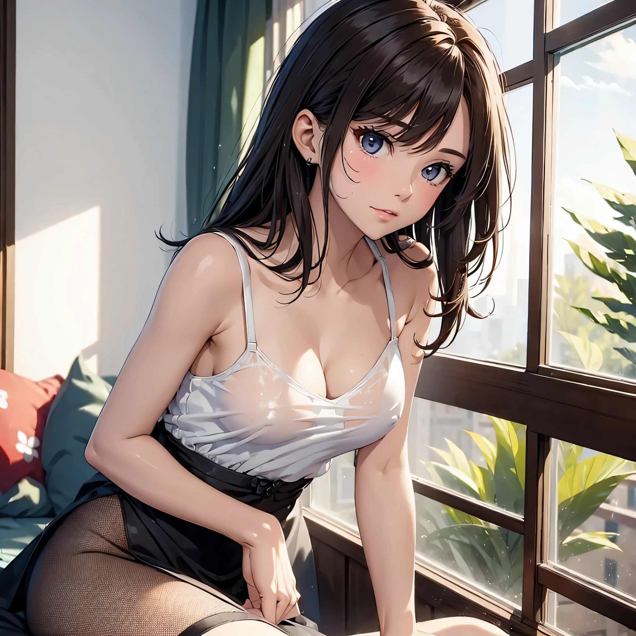 (masterpiece:2.0), (highest quality:2.0), (Sitting naked in bedroom:1.3), (Tiny T-back camisole dress:1.5), (Slightly transparent:1.5), (Ultra-thin fabric:1.5), (fully exposed shoulders:1.5), (fully exposed nape:1.5), (side view:1.5), (Super Sexy Pose:1.5), (blushing face:1.3), (spill :1.4), (realistic:1.5), 1 , precise small needle, embarrassed look, light smile, Very cute girl, baby face, clear eyes, shining eyes, small breasts, I can see the cleavage, I can see my crotch, no pubic hair, beautiful skin, Super fine, highest resolution, Japanese high school student, brown hair