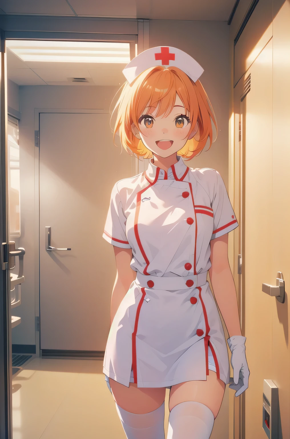 1 girl, alone, nurse, nurse cap, white clothes, ((white legwear, zettai ryouiki)), white gloves, very short hair, orange hair, smile, open your mouth, Are standing, ((hospital room)), sharp outline, short sleeve, Tomboy, boyish, highest quality, masterpiece