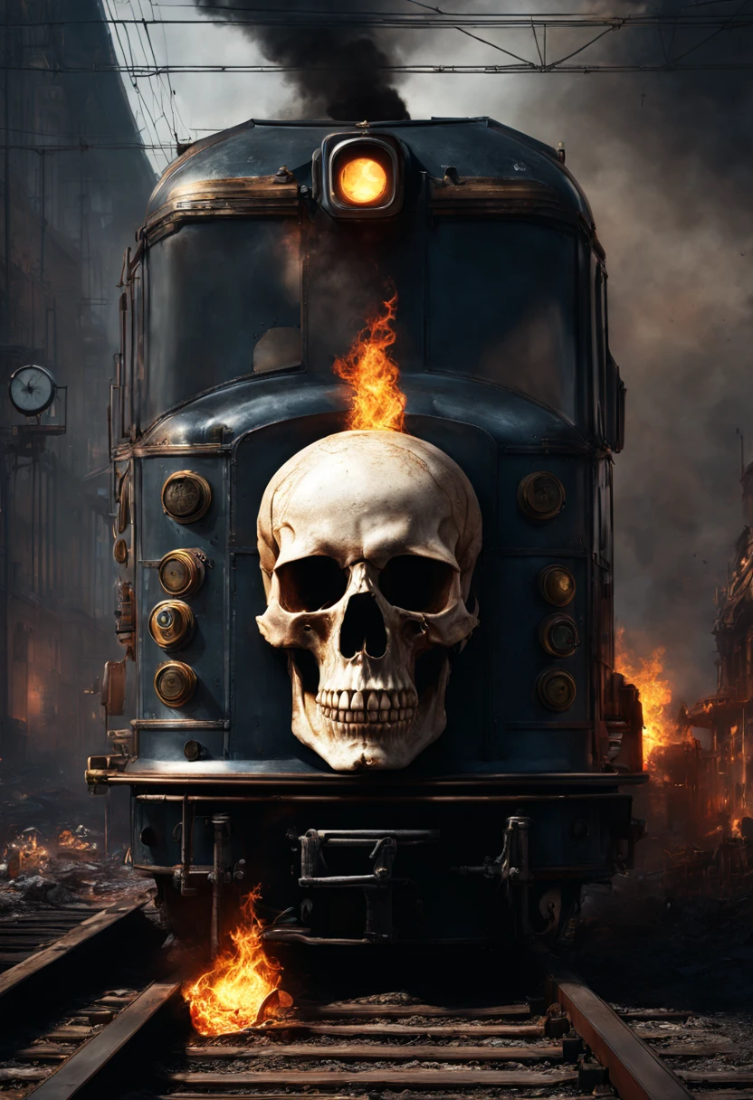 Train Station, aesthetic, HUMAN SKULL FLAMES TRAIN!!!! epic long hyperdetailed SKULL train on fire!!! EXPLOSION, HIGH FLAMeS, WRECK, hyperdetailed photorealistic matte painting 8k resolution concept art, intricate, ornate, by Mathias Kollros, Darek Zabrocki, Jean-Baptiste Monge, Ismail Inceoglu, Wadim Kashin, steampunk demonpunk, Epic cinematic brilliant stunning intricate meticulously detailed dramatic atmospheric maximalist digital matte painting, sinister by Greg Rutkowski trending on Artstation Unreal Engine 5