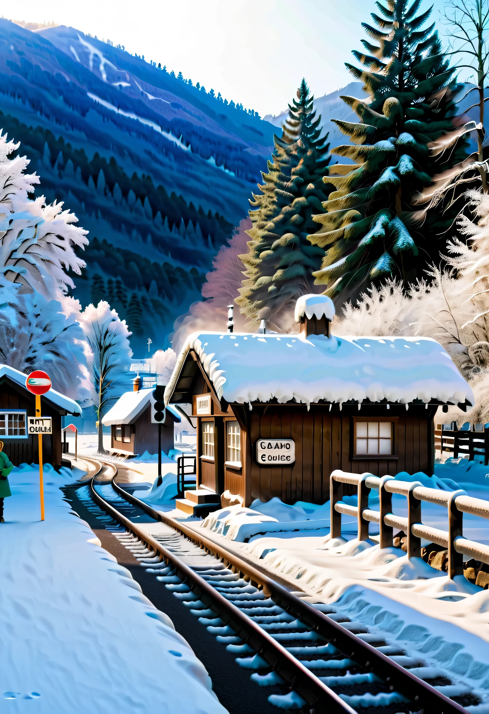 snow sceneの中にある小さなcountrysideのstation,snow scene,snow piles up,Blizzard,coldness,winter,below freezing,melting snow,snowman,snow scene,snow shoveling,skiing,
countryside,rural area,ranch,forest,quiet,nature,clear stream,Mountain,valley,outskirts,農Home,
station,platform,Ticket office,waiting room,bench,railway crossing,Home,station員,train,station name sign,