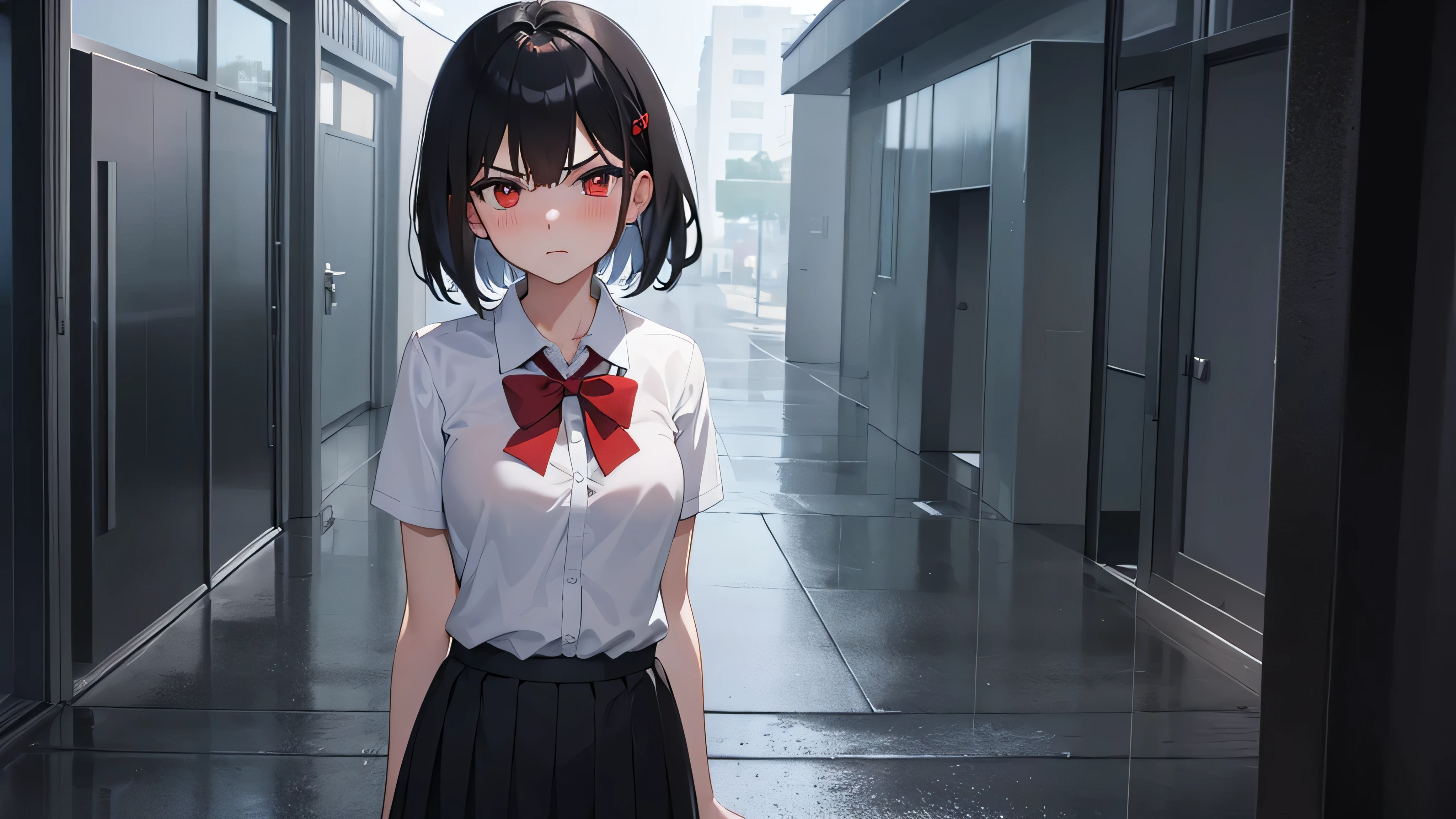 rain, masterpiece, best quality, highres, aarurutie,1girl, standing, , , s, ,red blush, , ,, best quality, masterpiece, , short_hair, black_hair, red_eyes, black_hair,school uniform, cute, angry, white shirt, grey short skirt, standing at the door waving, angry,breast,,rain