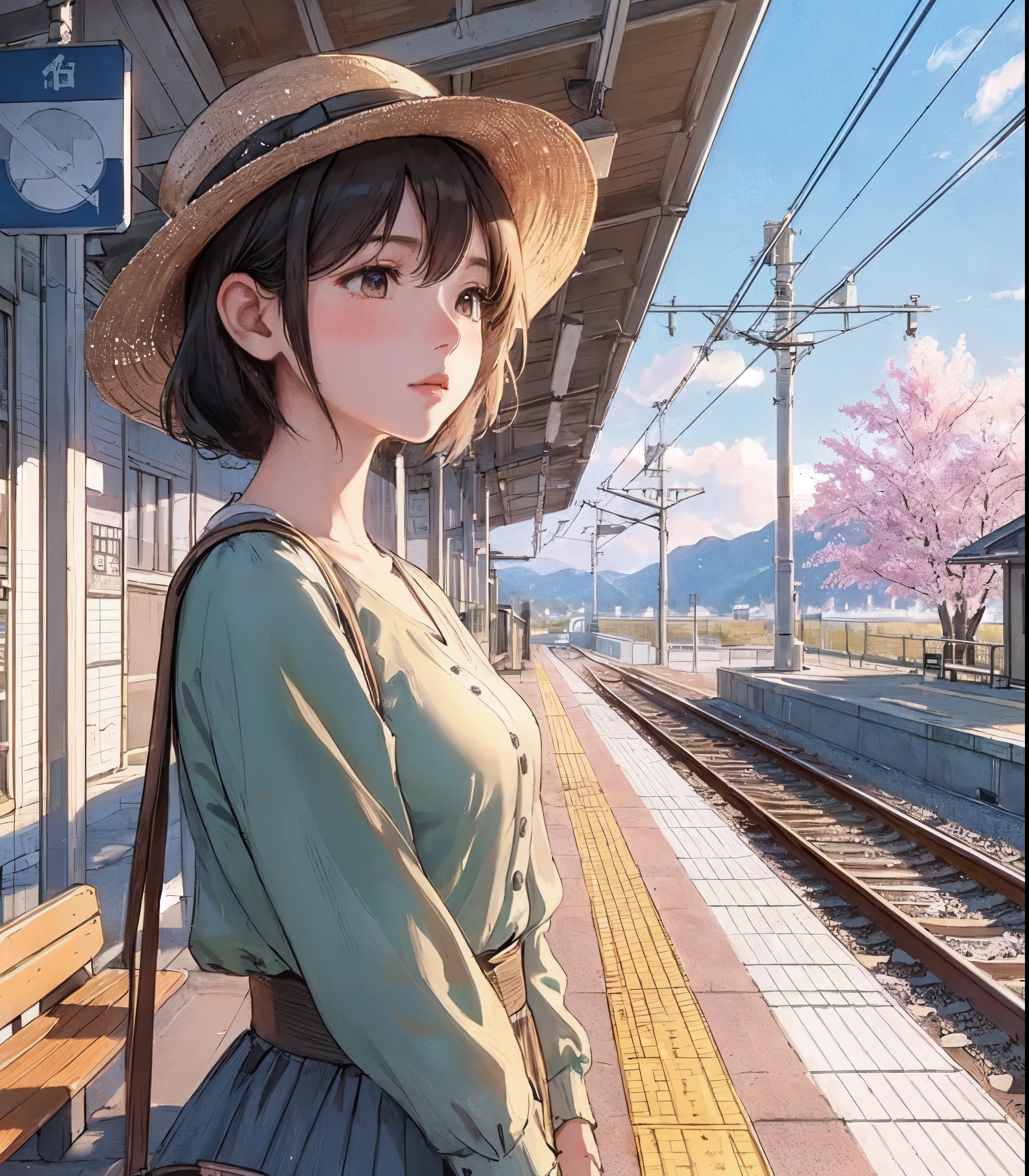 1lady solo, (from side) (side profile), standing, (stylish calm outfit) spring-like, mature female, /(dark brown hair/) bangs, blush (facing away), (masterpiece best quality:1.2) delicate illustration ultra-detailed, medium breasts BREAK (train station platform:1.2) (very small station), roof, noon, (cherry blossom:0.8), blue sky, detailed background