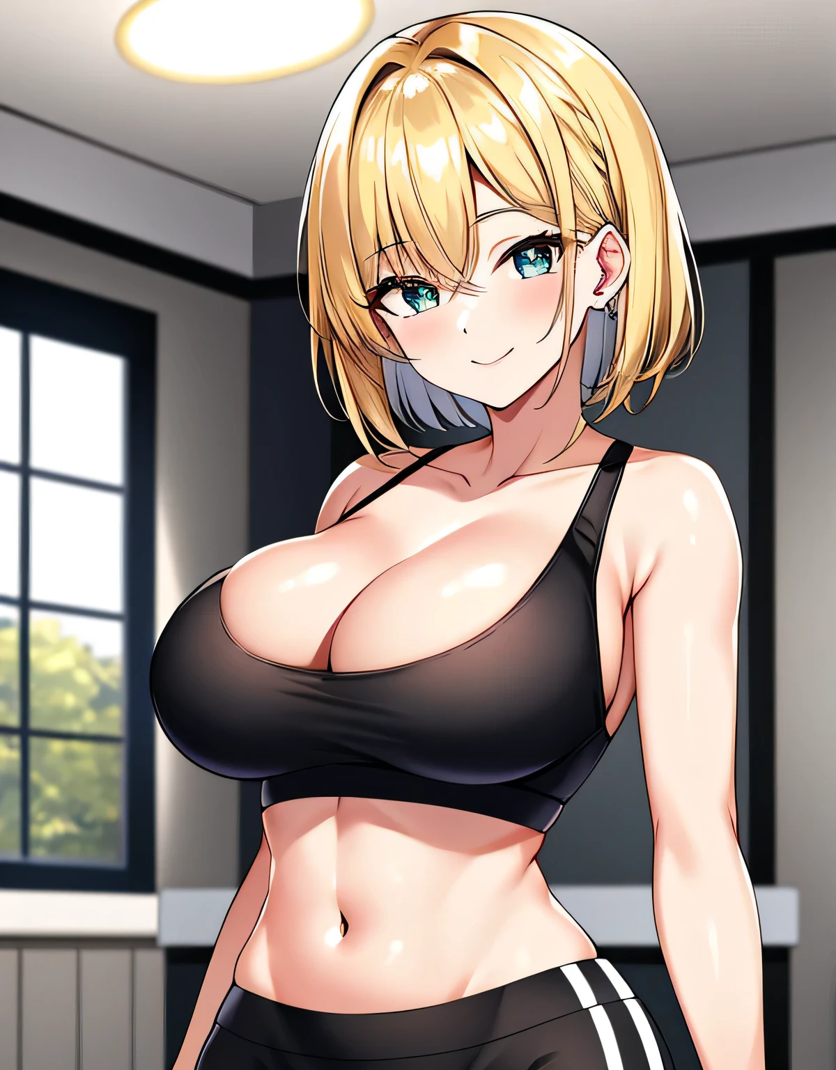 indoor,gym,wide hips,yoga pants,play sports often,(sensitive smile:1.2),(big breasts:1.5),shiny,hair,((alone)),((masterpiece)),((highest quality)),perfect anatomy,slim waist,perfect image,8k UHD,(detailed and beautiful eyes:1.3),highly detailed face,Are standing,(Upper body:1.1),(look ahead:1.1),back arm,super detailed,disorganized,High resolution,blonde hair,medium hair,sexy milf,28 years old,