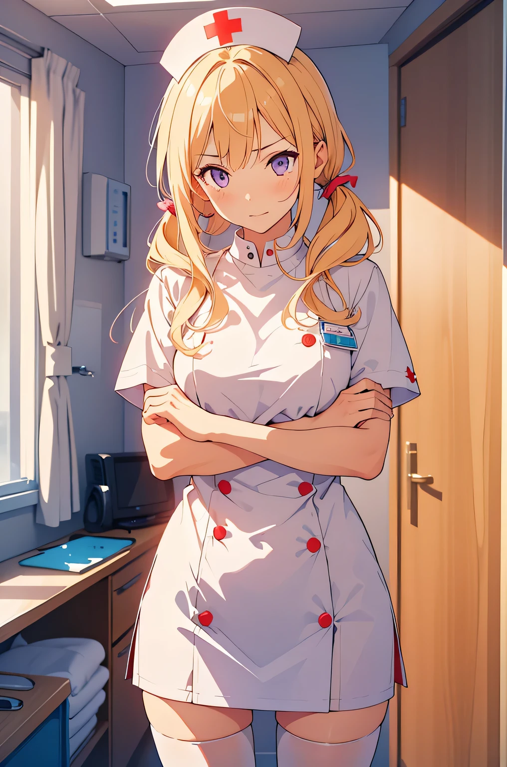 1 girl, alone, nurse, nurse cap, white clothes, ((white legwear, zettai ryouiki)), white gloves, twin tails, yellow hair, purple eyes, anger, crossed arms, Are standing, ((hospital room)), sharp outline, short sleeve, highest quality, masterpiece