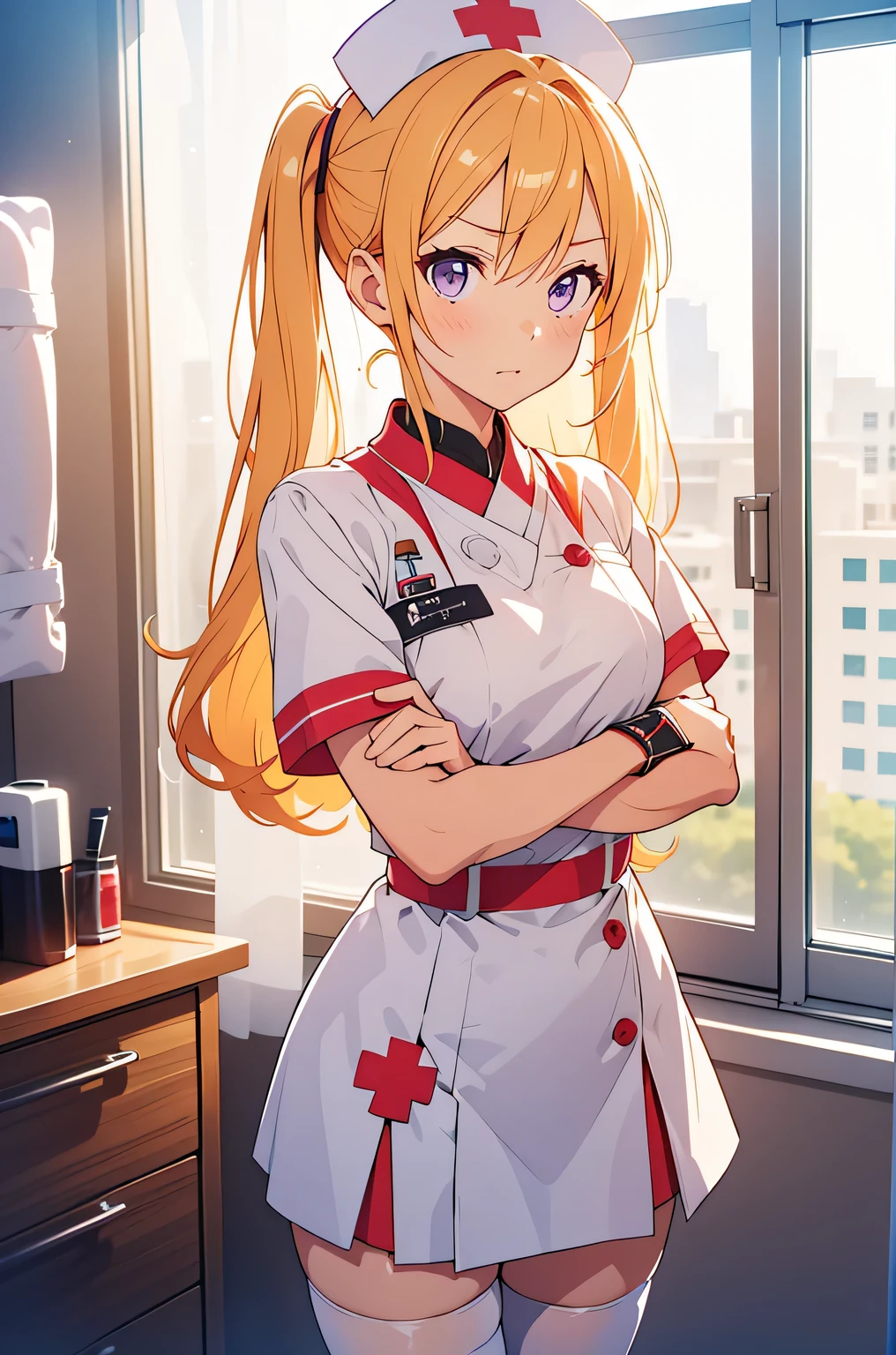 1 girl, alone, nurse, nurse cap, white clothes, ((white legwear, zettai ryouiki)), white gloves, twin tails, yellow hair, purple eyes, anger, crossed arms, Are standing, ((hospital room)), sharp outline, short sleeve, highest quality, masterpiece