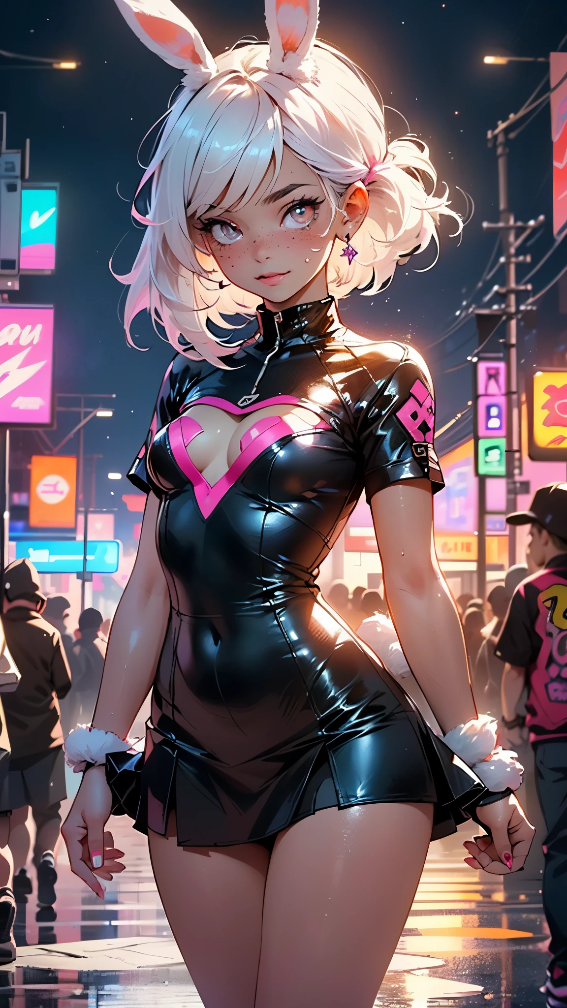cute little bunny ,(((little ,small tiny body,, chibi))),((())),((little bunny with extremely cute and beautiful fuchsia hair)),(((bunny girl,anthro furry cute,bunny-girl))),(((bunny ears,bunny ears on head,big bunny ears))),
(((flat chest))),(((fuchsia hair:1.35,short fuchsia hair,colored inner hair,ear breathing,))),((heterochromia:1.5, (pink_eye and red_eye))),intricate eyes,beautiful detailed eyes,symmetrical eyes,big eyes:1.5,(((freckles on the face,freckles,freckled girl))),(((lustrous skin:1.5,bright skin: 1.5,skin tanned,shiny skin,very shiny skin,shiny body,plastic glitter skin,exaggerated shiny skin,illuminated skin,wet legs))),(detailed body,(detailed face)),
cute,slutty,erotic,(((nsfw))),
zettai ryouiki,revealing clothing,show skin,((rave shirt,neon colored shirt,rave mini-skirt,visible thong straps)),((underpants strap)),(wearing a rave outfit:1.3,rave clothes,semi-naked,with little clothing),((wet clothes,intricate outfit,intricate clothes)),
(dynamic pose:1.0),solo focus,embarrassed,(centered,scale to fit dimensions,Rule of thirds),
cyberpunk city by the ocean at night, with bright neon signs and dark stormy clouds and puddles, scenery:1.25,nighttime, starry night, cosmos,Very dark night that makes the neon lights stand out, very bright neon lights,nighttime, starry night, cosmos,
artistic photography,(photography taken by sldr),highres, sharp focus, (ultra detailed, extremely detailed), (photorealistic artwork:1.37),(extremely detailed CG unity 8k wallpaper),((synthwave background theme)),(((vibrant colors))),(intricate background),(masterpiece),(best quality)