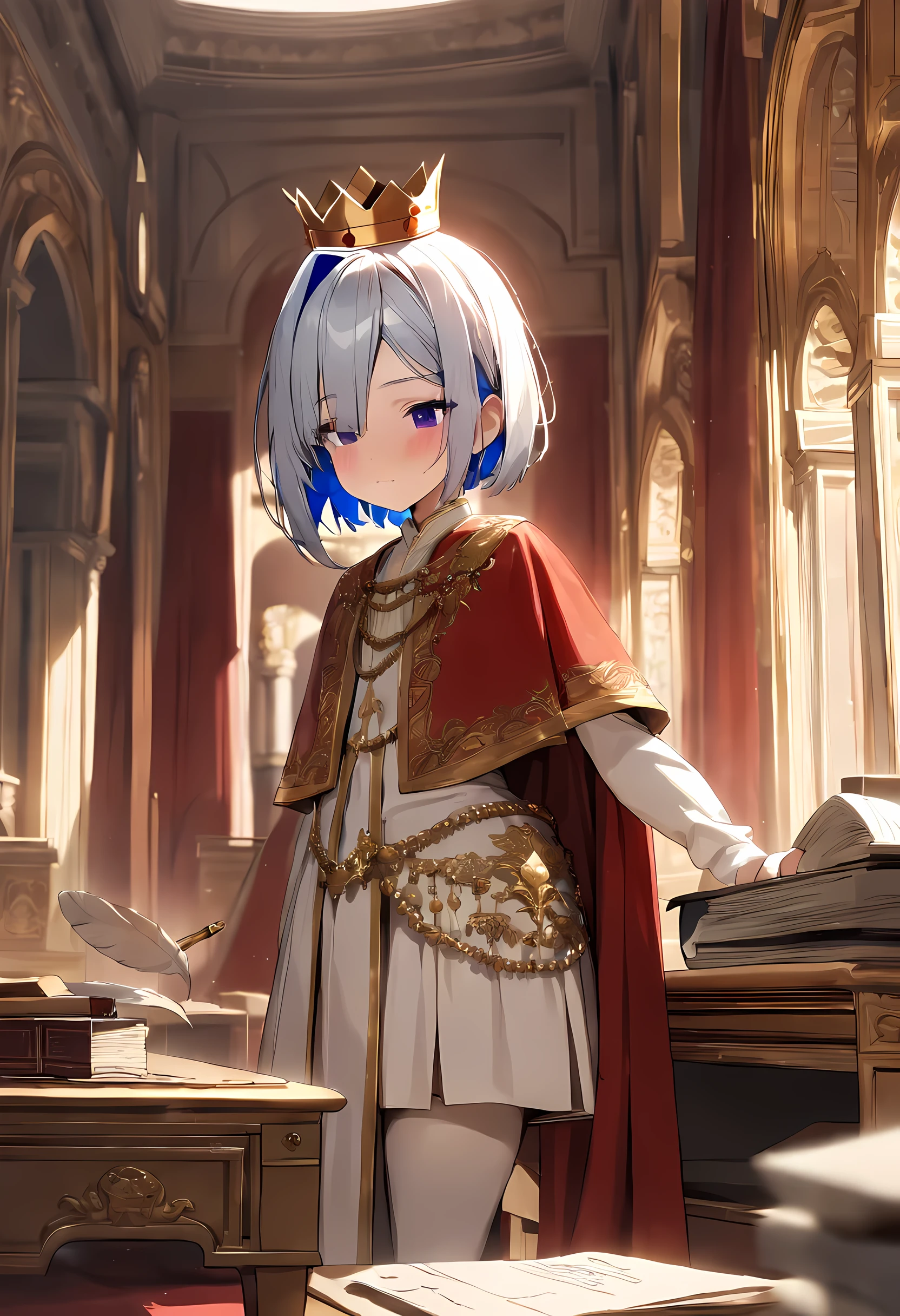 Ganado/(Holographic live broadcast/),(masterpiece: 1.2, best quality), actual, (actual Picture, intricate details, depth of field), best quality, masterpiece, Very detailed, 1 girl, Shoulder length short hair, The left eye is covered by hair, king'clothes, red cloak, slim figure, precious gold crown, Read the documentation, mark file, quill, table, Ottoman Empire, palace, 在palace殿里, medieval period
