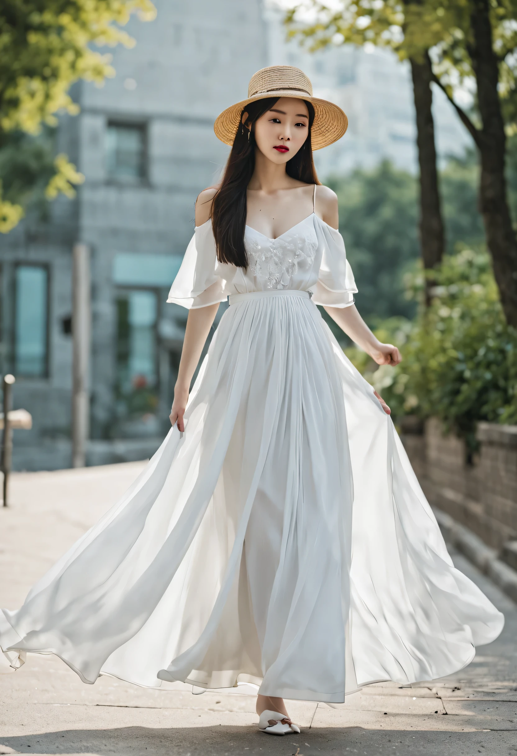 wearing white dress、Araf woman in hat standing on sidewalk, The picture is inspired by Ma Yuanyu, Instagram, realism, Wear it for a long time, flowing clothes, white fashion clothes, woman&#39;s long skirt, detailed picture, Korean fashion model, Casual white clothing, Wearing a white flowing dress, Height 165 cm, Bae Xiuzhi, White long skirt