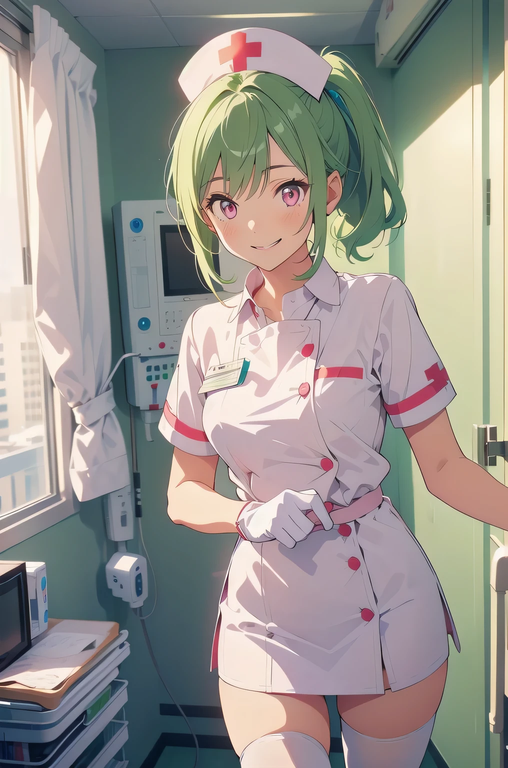 1 girl, alone, nurse, nurse cap, white clothes, ((white legwear, zettai ryouiki)), white gloves, ponytail, green hair, pink eyes, smile, Are standing, ((hospital room)), sharp outline, short sleeve, highest quality, masterpiece
