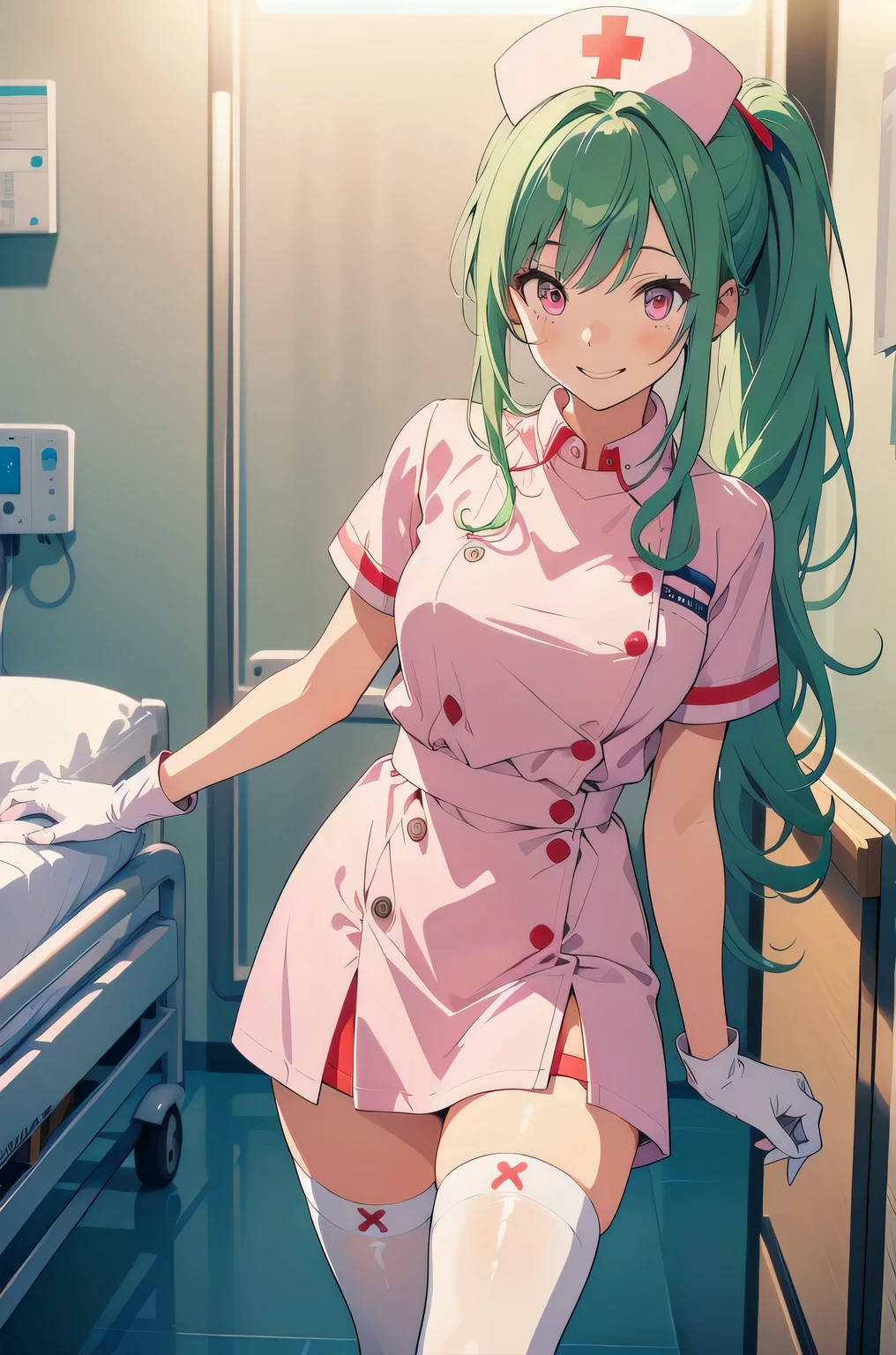 1 girl, alone, nurse, nurse cap, white clothes, ((white legwear, zettai ryouiki)), white gloves, ponytail, green hair, pink eyes, smile, Are standing, ((hospital room)), sharp outline, short sleeve, highest quality, masterpiece