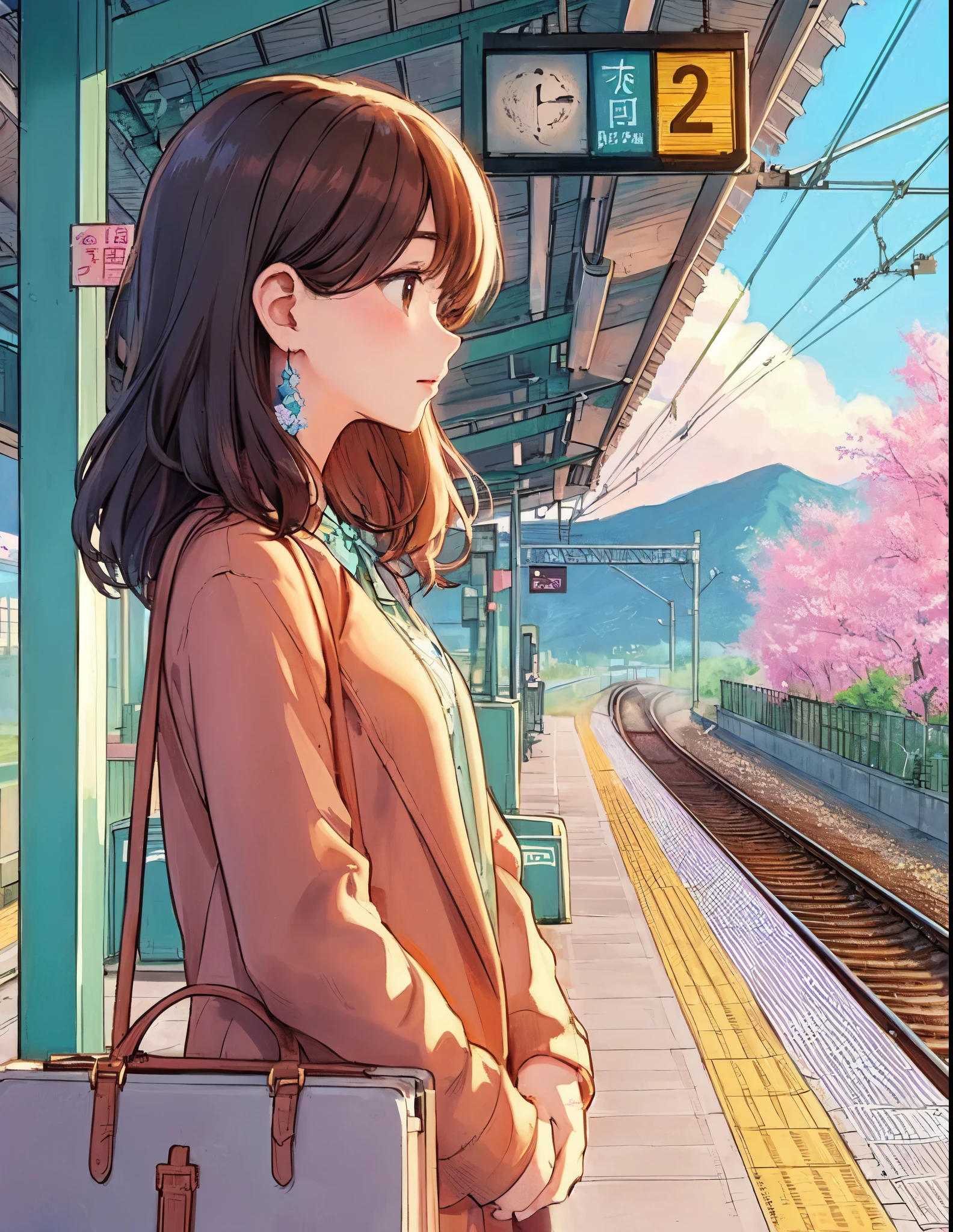 1lady solo, (from side) (side profile), standing, (stylish calm outfit) spring-like, mature female, /(beige hair/) bangs, blush (facing away), (masterpiece best quality:1.2) delicate illustration ultra-detailed, medium breasts BREAK (train station platform:1.2) (very small station), roof, noon, (cherry blossom:0.8), blue sky, detailed background
