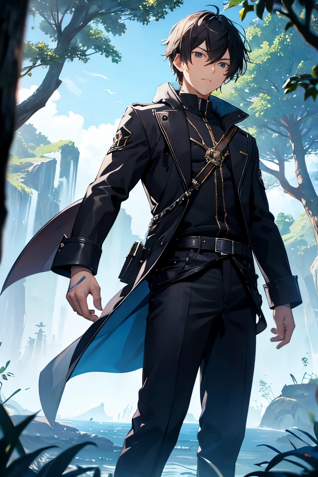 strong man , black short hair , cloth noble , blue ayes , standing looking at world tree
