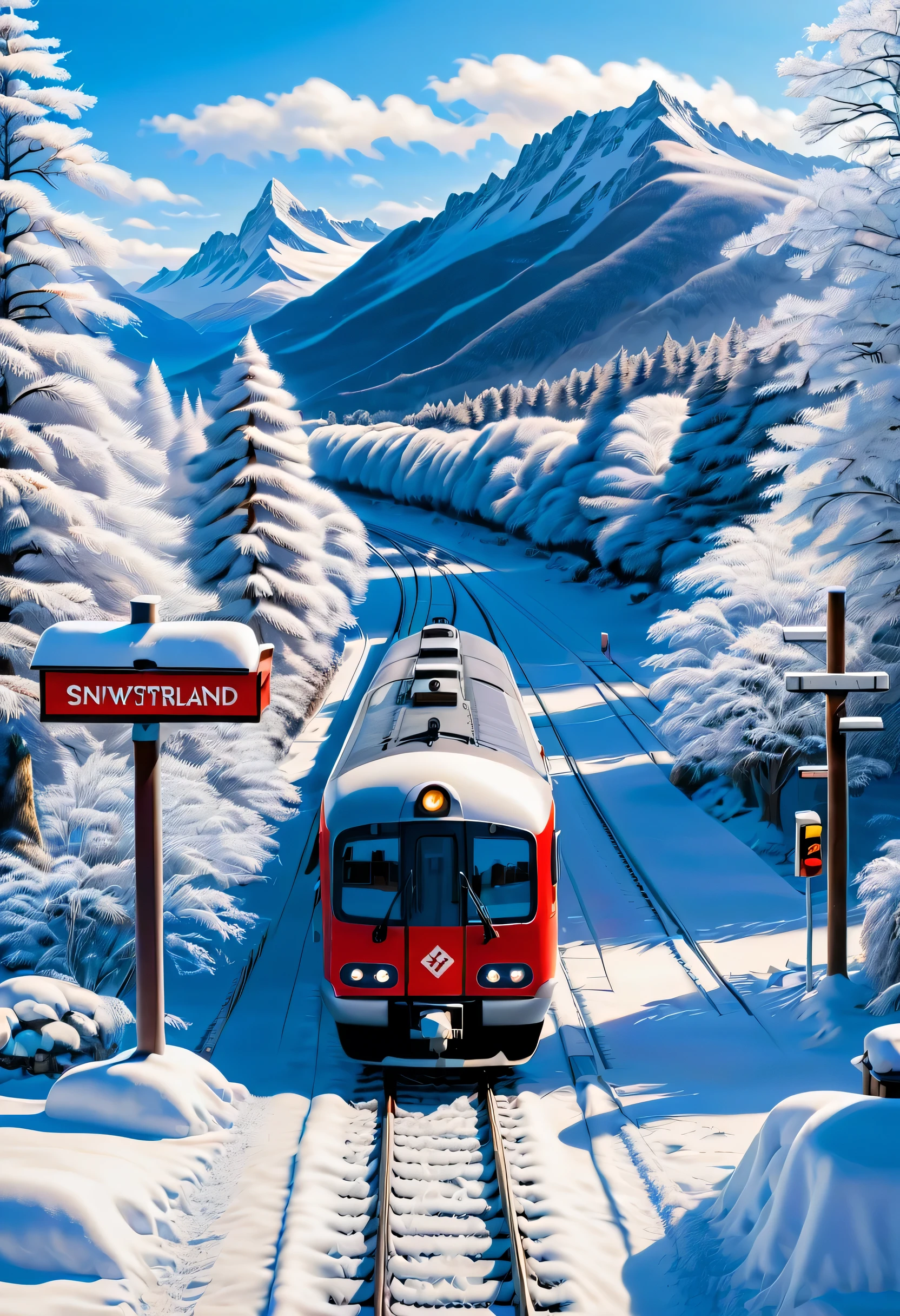 snow sceneの中にある小さなcountrysideのstation:red train parked:cute,snow scene,snow piles up,Blizzard,coldness,winter,below freezing,melting snow,snow scene,snow shoveling,countryside,rural area,forest,quiet,nature,Mountain,valley,outskirts, station,platform,Ticket office,waiting room,bench,railway crossing,Home,station員,train,station name sign,silver world,Crystal of snow,snowfield,silence,Silver,ice shine,Icicles,Frost,cold,forest spreading far away,blue sky,footprints walking in the snow,pale light,northern landscape,眩しいsnow scene,sunny,intricate details,very fine,High resolution,high quality,最high quality,clearly,Be clear,beautiful light and shadow,rendering,Switzerland,Near the border,Nice views,snow sceneの中にカラフルなtrainが印象的な