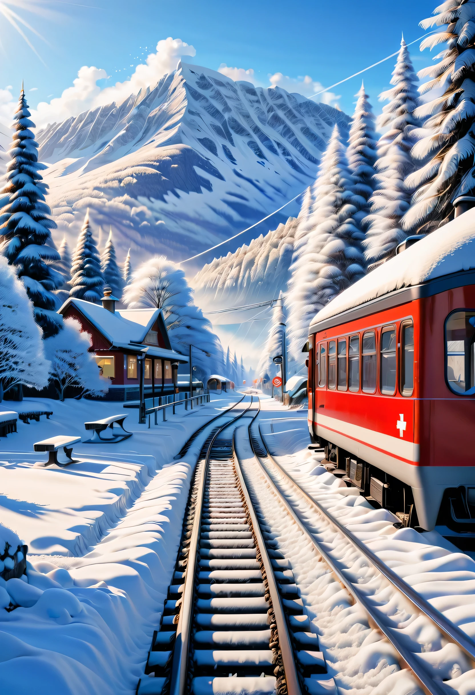snow sceneの中にある小さなcountrysideのstation:red train parked:cute,snow scene,snow piles up,Blizzard,coldness,winter,below freezing,melting snow,snow scene,snow shoveling,countryside,rural area,forest,quiet,nature,Mountain,valley,outskirts, station,platform,Ticket office,waiting room,bench,railway crossing,Home,station員,train,station name sign,silver world,Crystal of snow,snowfield,silence,Silver,ice shine,Icicles,Frost,cold,forest spreading far away,blue sky,footprints walking in the snow,pale light,northern landscape,眩しいsnow scene,sunny,intricate details,very fine,High resolution,high quality,最high quality,clearly,Be clear,beautiful light and shadow,rendering,Switzerland,Near the border,Nice views,snow sceneの中にカラフルなtrainが印象的な