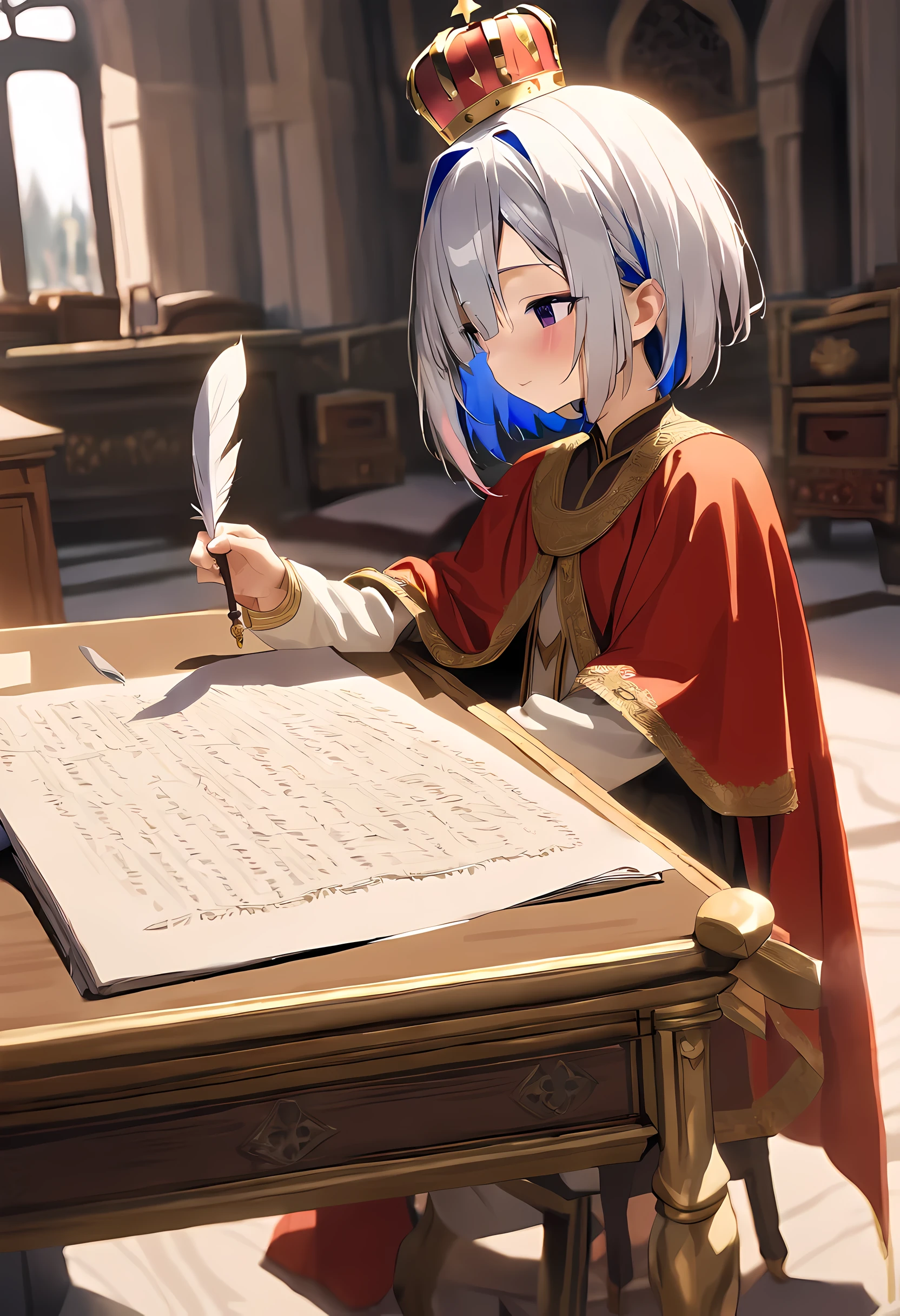 Ganado/(Holographic live broadcast/),(masterpiece: 1.2, best quality), actual, (actual Picture, intricate details, depth of field), best quality, masterpiece, Very detailed, 1 girl, Shoulder length short hair, The left eye is covered by hair, king&#39;clothes, red cloak, slim figure, precious gold crown, Read the documentation, mark file, quill, table, Ottoman Empire, palace, 在palace殿里, medieval period