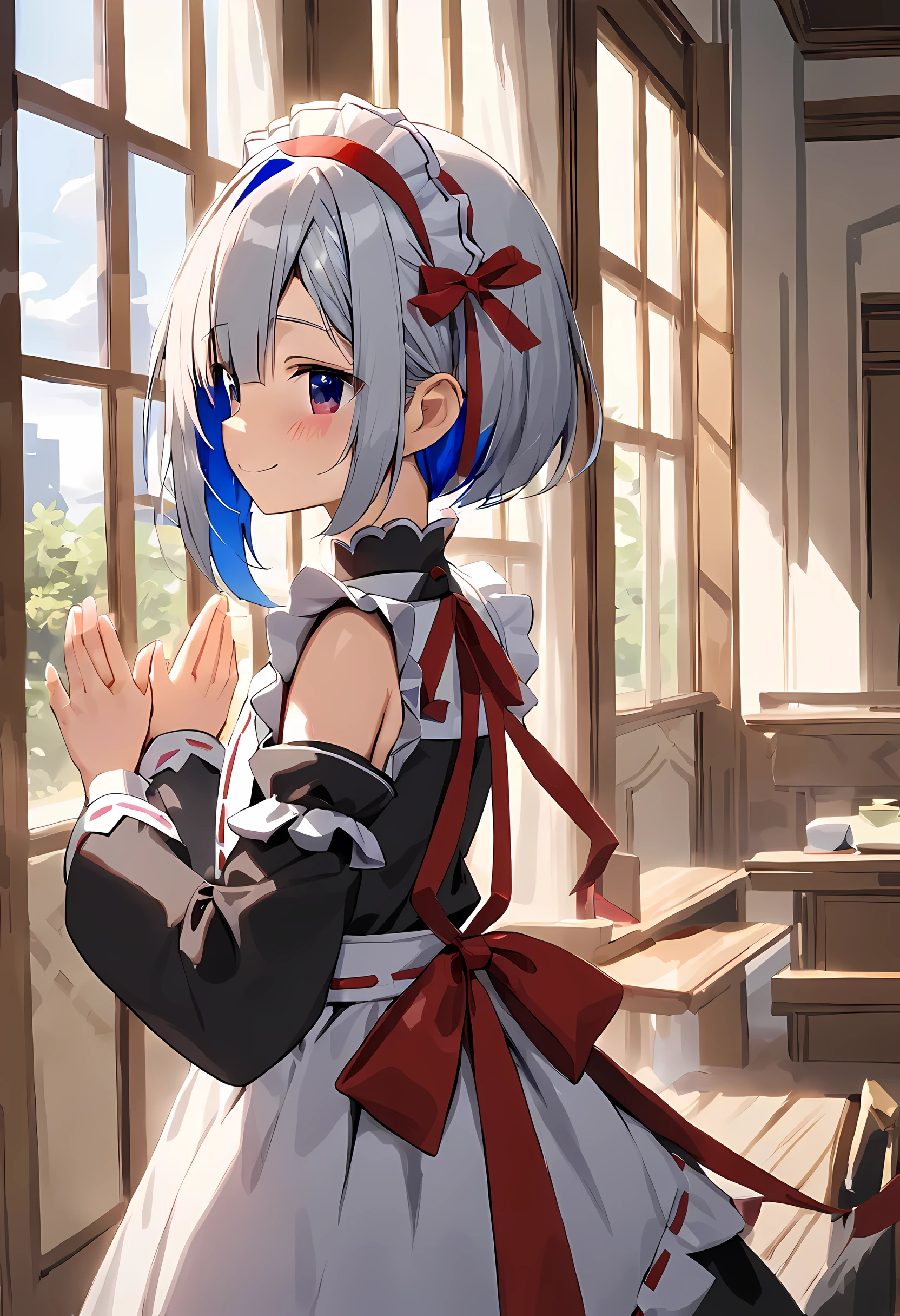 Ganado/(Holographic live broadcast/),masterpiece,best quality,japanese manga,(two-dimensional:1.2),indoors, , 1 girl, Roswaal mansion maid uniform, alone, Detached sleeves, looking at the audience, red headband,ribbon, Bangs, looking back, ,red ribbon, black sleeves, window, long sleeves, apron, decorate,ribbon trim,faint smile, put hands together,