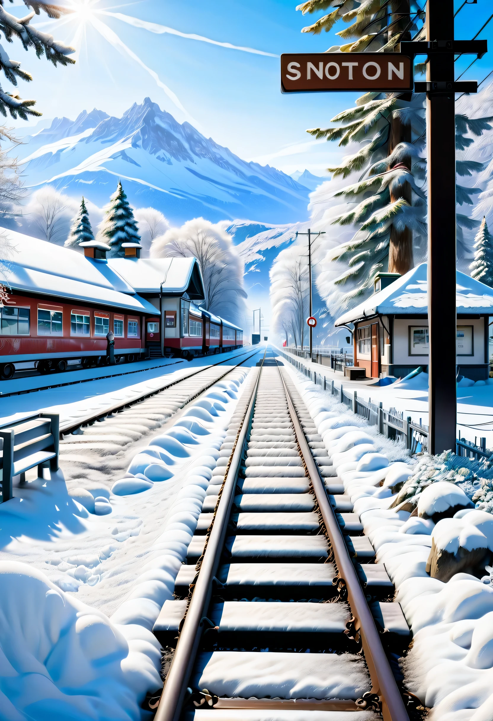 snow sceneの中にある小さなcountrysideのstation:red train parked:cute,snow scene,snow piles up,Blizzard,coldness,winter,below freezing,melting snow,snow scene,snow shoveling,countryside,rural area,forest,quiet,nature,Mountain,valley,outskirts, station,platform,Ticket office,waiting room,bench,railway crossing,Home,station員,train,station name sign,silver world,Crystal of snow,snowfield,silence,Silver,ice shine,Icicles,Frost,cold,forest spreading far away,blue sky,footprints walking in the snow,pale light,northern landscape,眩しいsnow scene,sunny,intricate details,very fine,High resolution,high quality,最high quality,clearly,Be clear,beautiful light and shadow,rendering,Switzerland,Near the border,Nice views,snow sceneの中にカラフルなtrainが印象的な