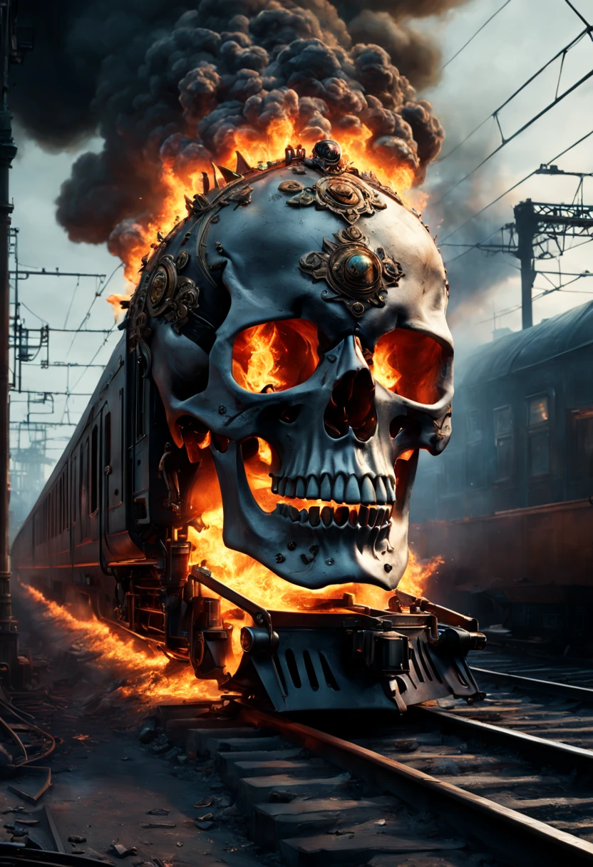 Train Station, aesthetic, HUMAN SKULL FLAMES TRAIN!!!! epic long hyperdetailed SKULL train on fire!!! EXPLOSION, HIGH FLAMeS, WRECK, hyperdetailed photorealistic matte painting 8k resolution concept art, intricate, ornate, by Mathias Kollros, Darek Zabrocki, Jean-Baptiste Monge, Ismail Inceoglu, Wadim Kashin, steampunk demonpunk, Epic cinematic brilliant stunning intricate meticulously detailed dramatic atmospheric maximalist digital matte painting, sinister by Greg Rutkowski trending on Artstation Unreal Engine 5